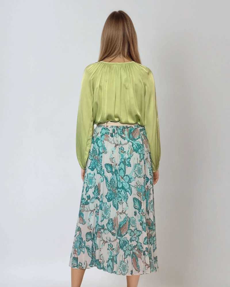 Fustă lungă plisată cu curea și print floral turcoaz 