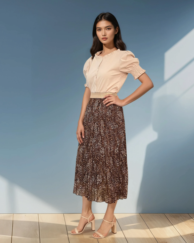Fustă lungă plisată cu print floral animal-print 