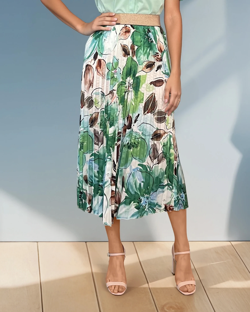 Fustă lungă plisată din satin cu print verde HL017