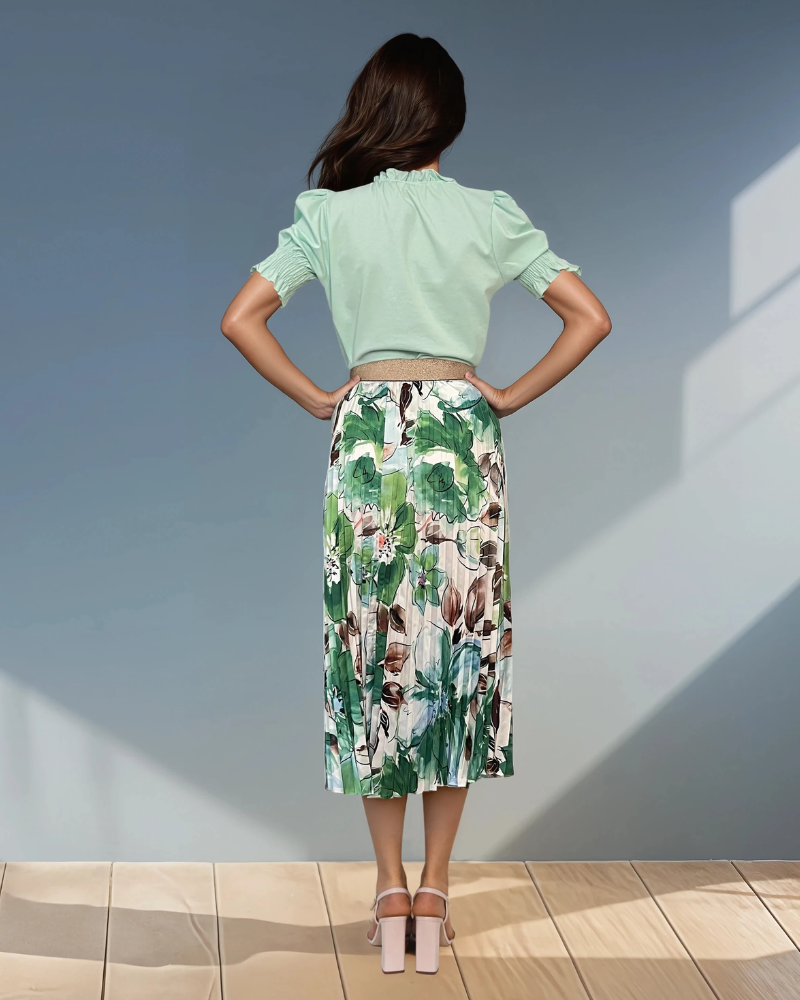 Fustă lungă plisată din satin cu print verde HL017