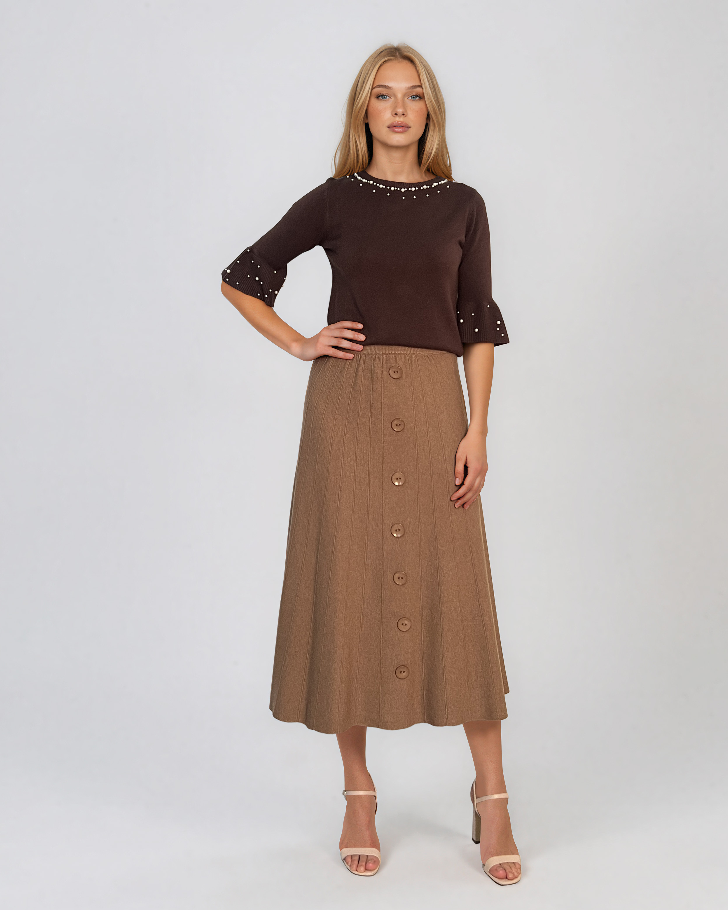 Fustă midi din tricot cu lână şi caşmir şi nasturi beige DY726