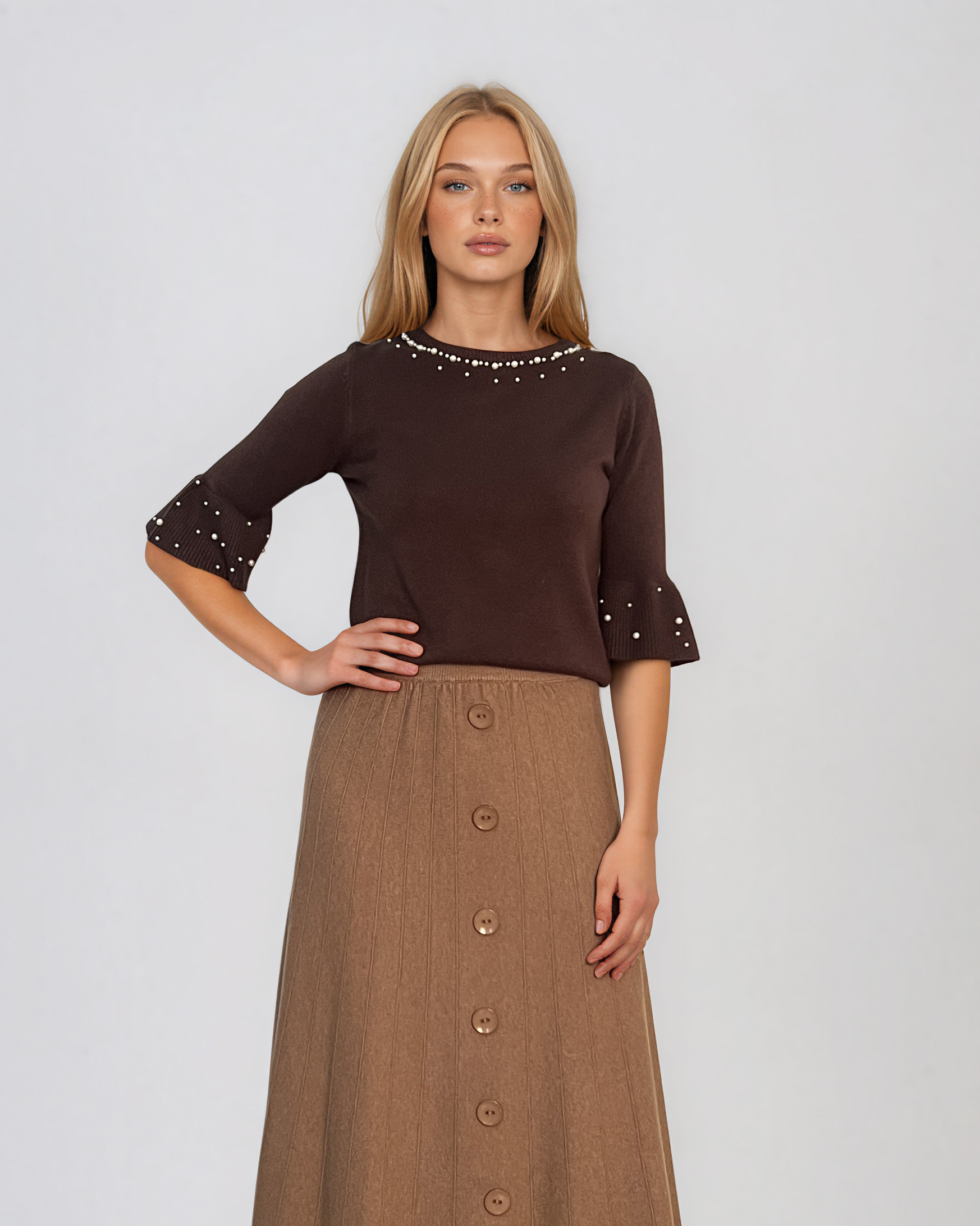 Fustă midi din tricot cu lână şi caşmir şi nasturi beige DY726