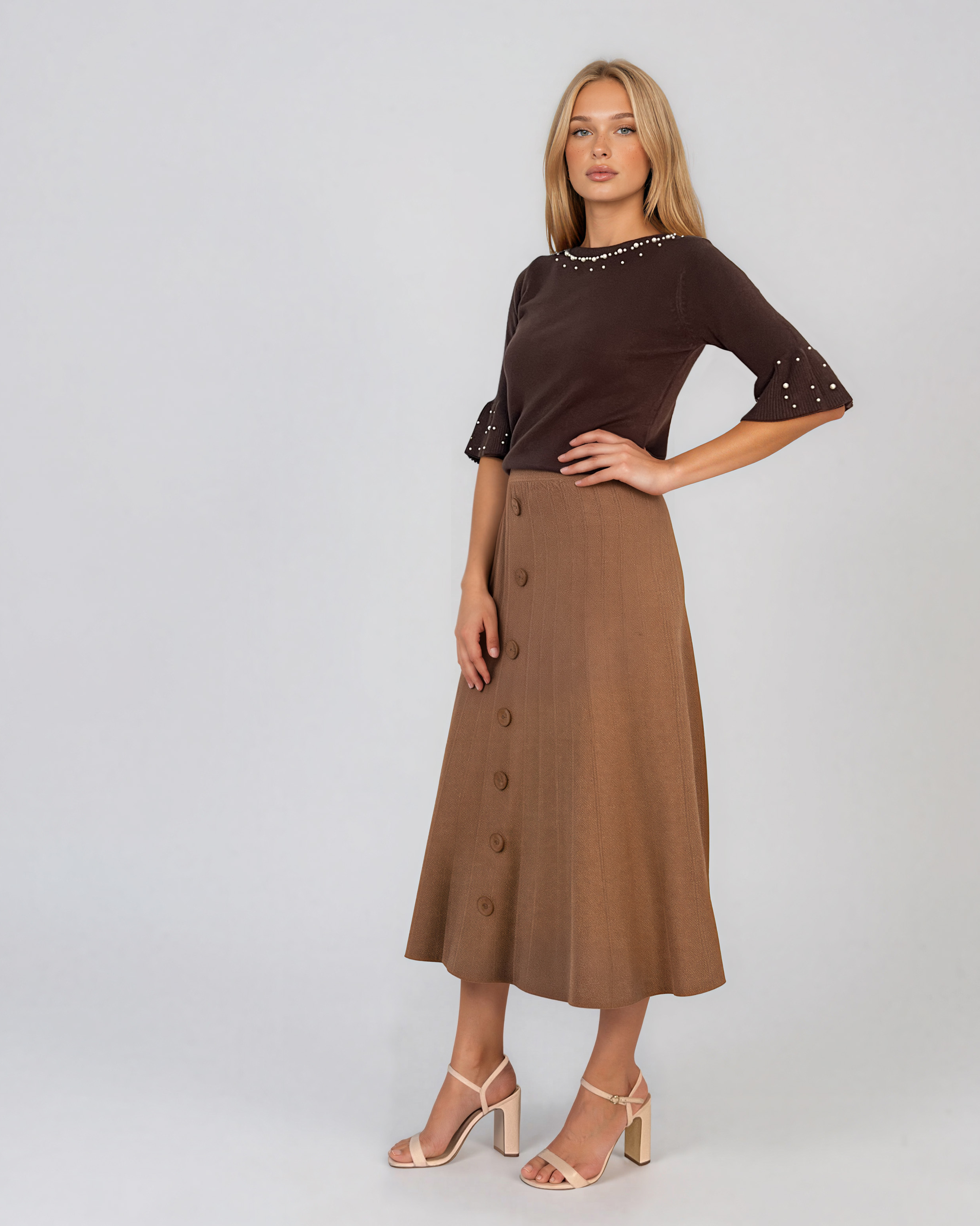 Fustă midi din tricot cu lână şi caşmir şi nasturi beige DY726