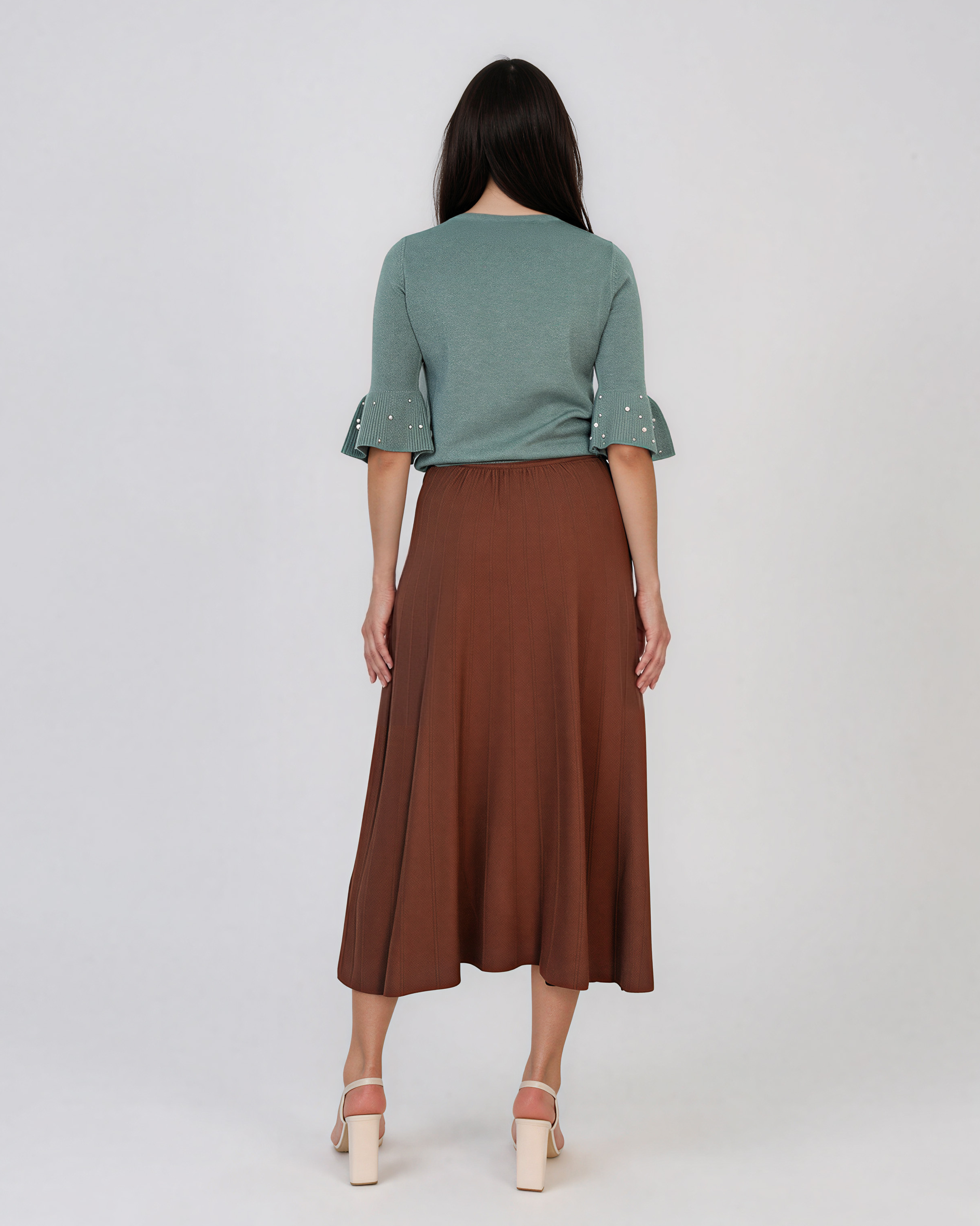 Fustă midi din tricot cu lână şi caşmir şi nasturi camel DY726