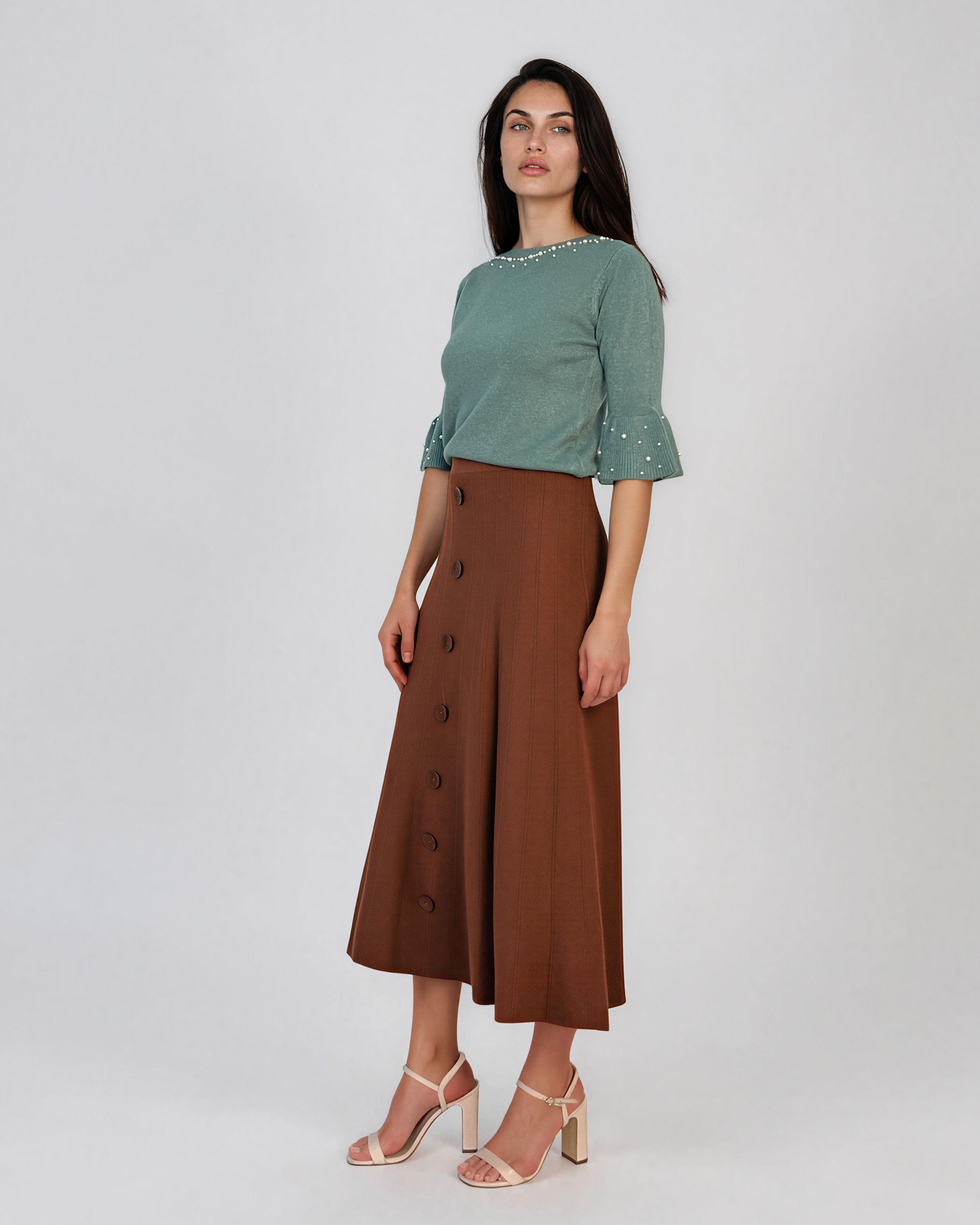 Fustă midi din tricot cu lână şi caşmir şi nasturi camel DY726