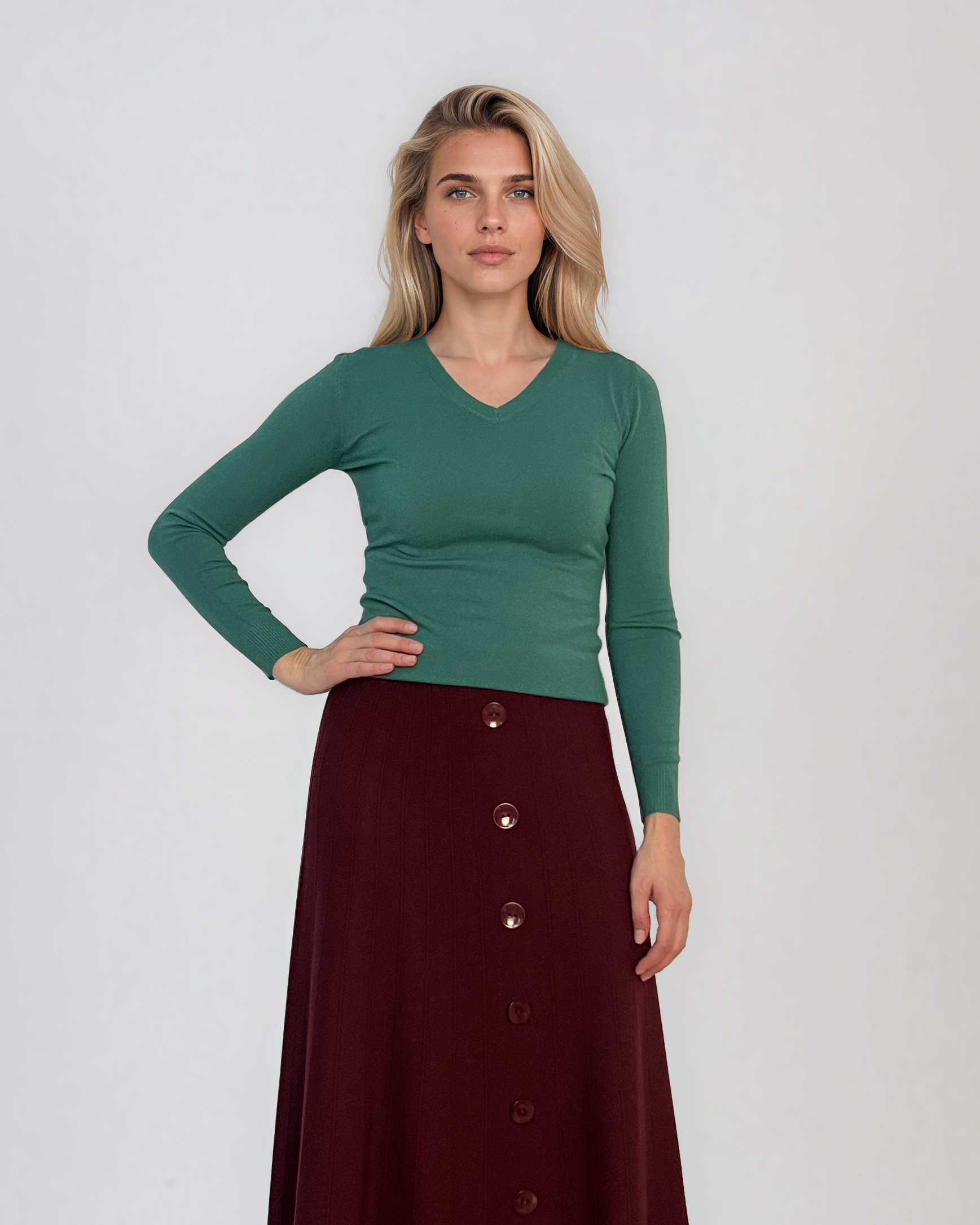 Fustă midi din tricot cu lână şi caşmir şi nasturi grena DY726