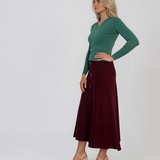 Fustă midi din tricot cu lână şi caşmir şi nasturi grena DY726