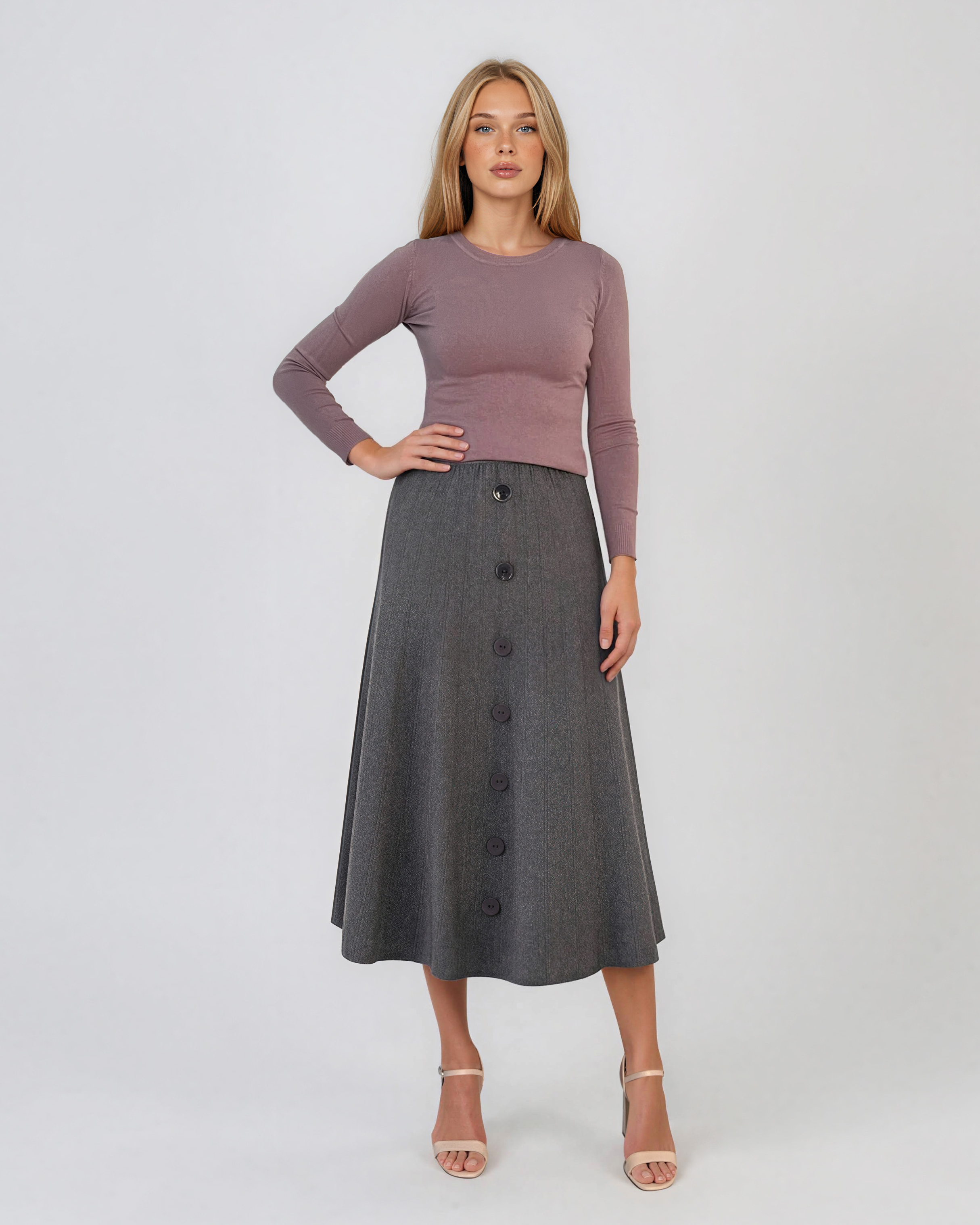 Fustă midi din tricot cu lână şi caşmir şi nasturi gri DY726