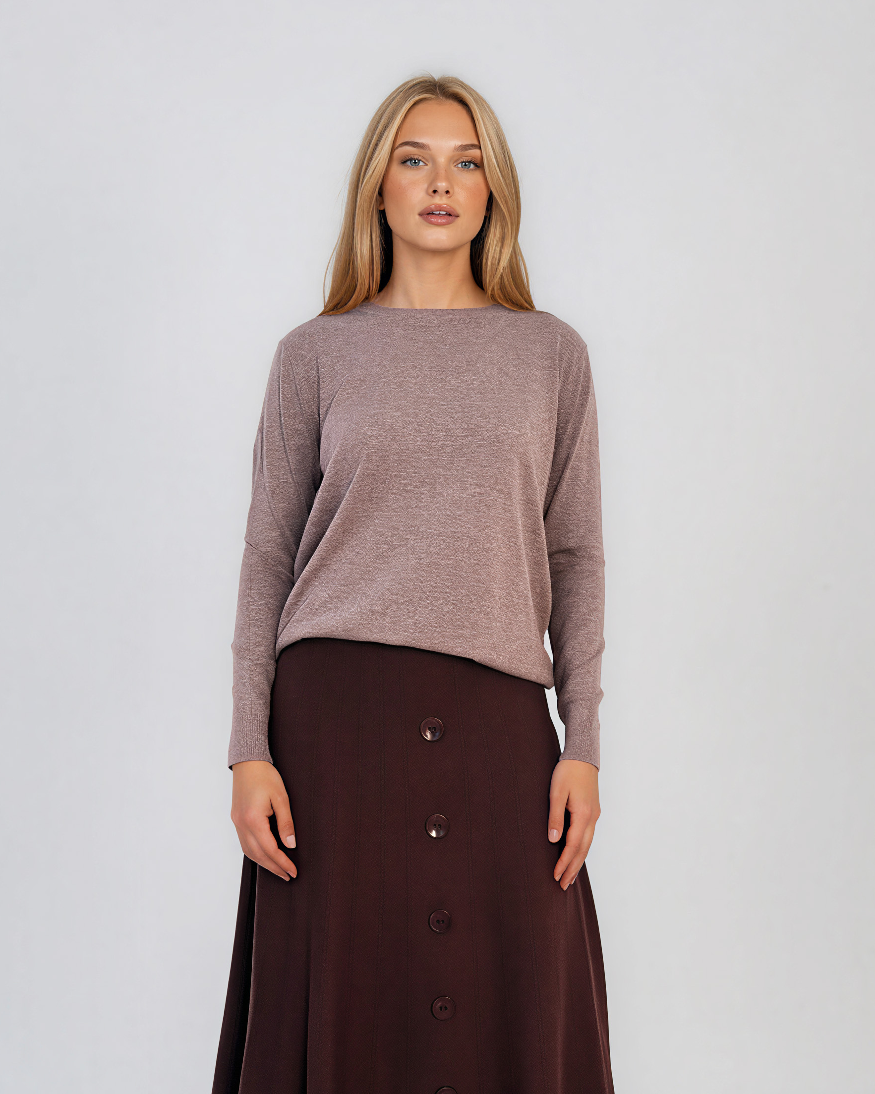 Fustă midi din tricot cu lână şi caşmir şi nasturi maro DY726