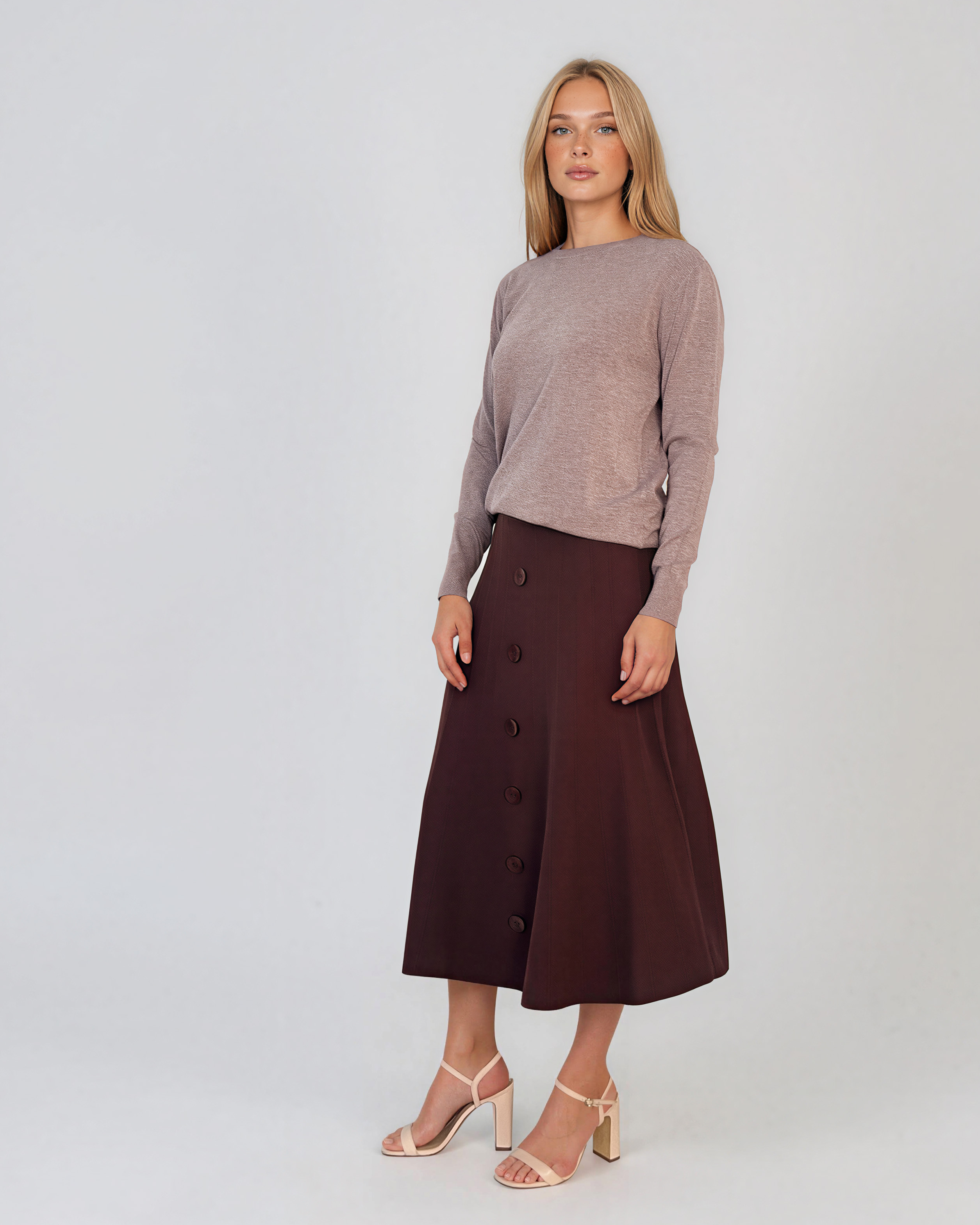 Fustă midi din tricot cu lână şi caşmir şi nasturi maro DY726