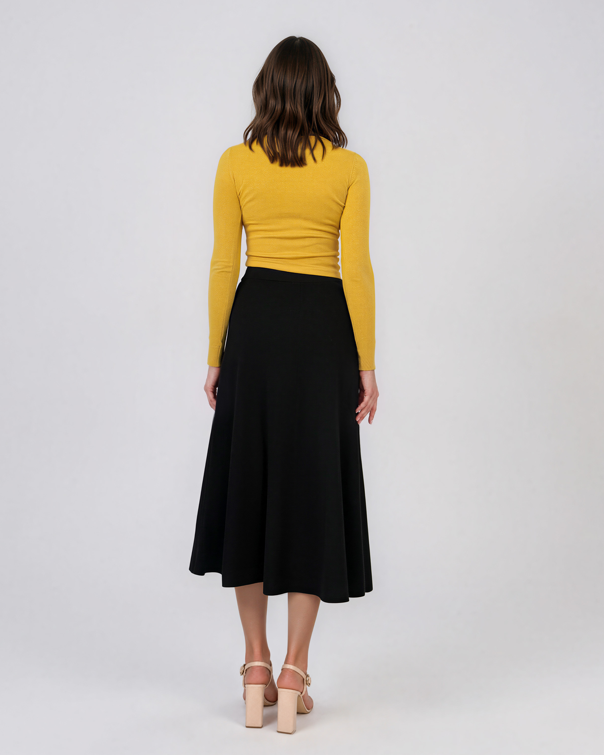 Fustă midi din tricot cu lână şi caşmir şi nasturi negru DY726