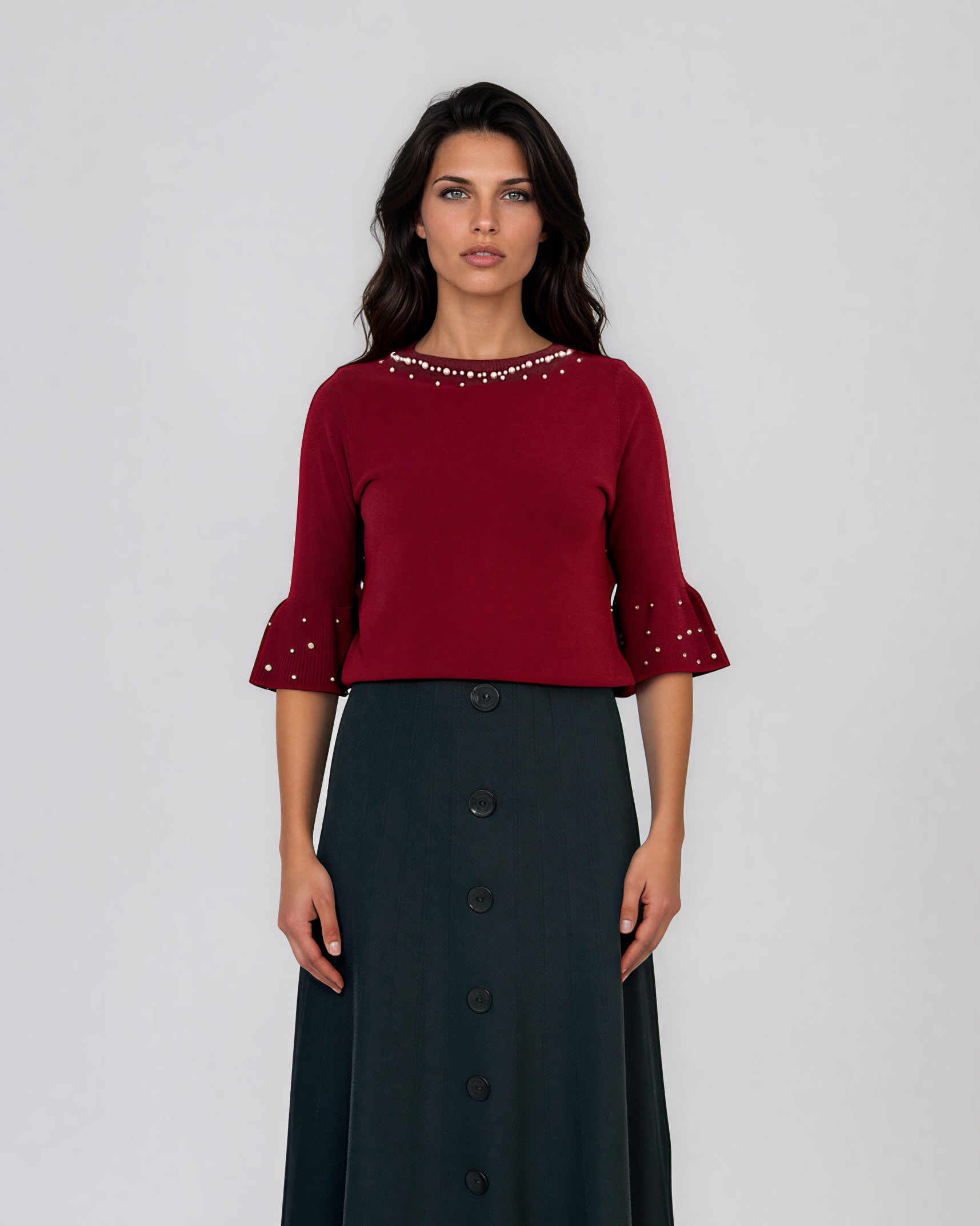 Fustă midi din tricot cu lână şi caşmir şi nasturi verde DY726