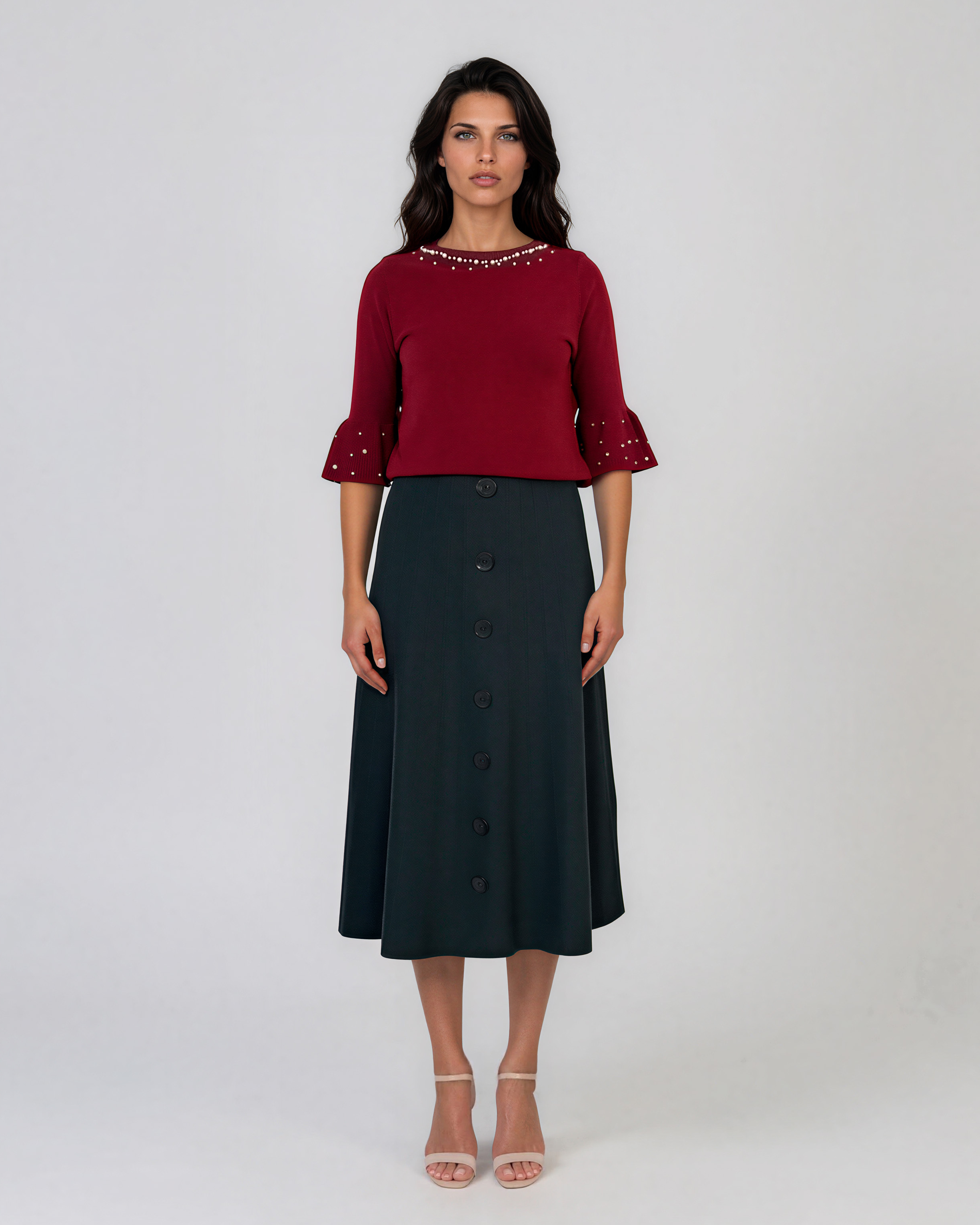 Fustă midi din tricot cu lână şi caşmir şi nasturi verde DY726