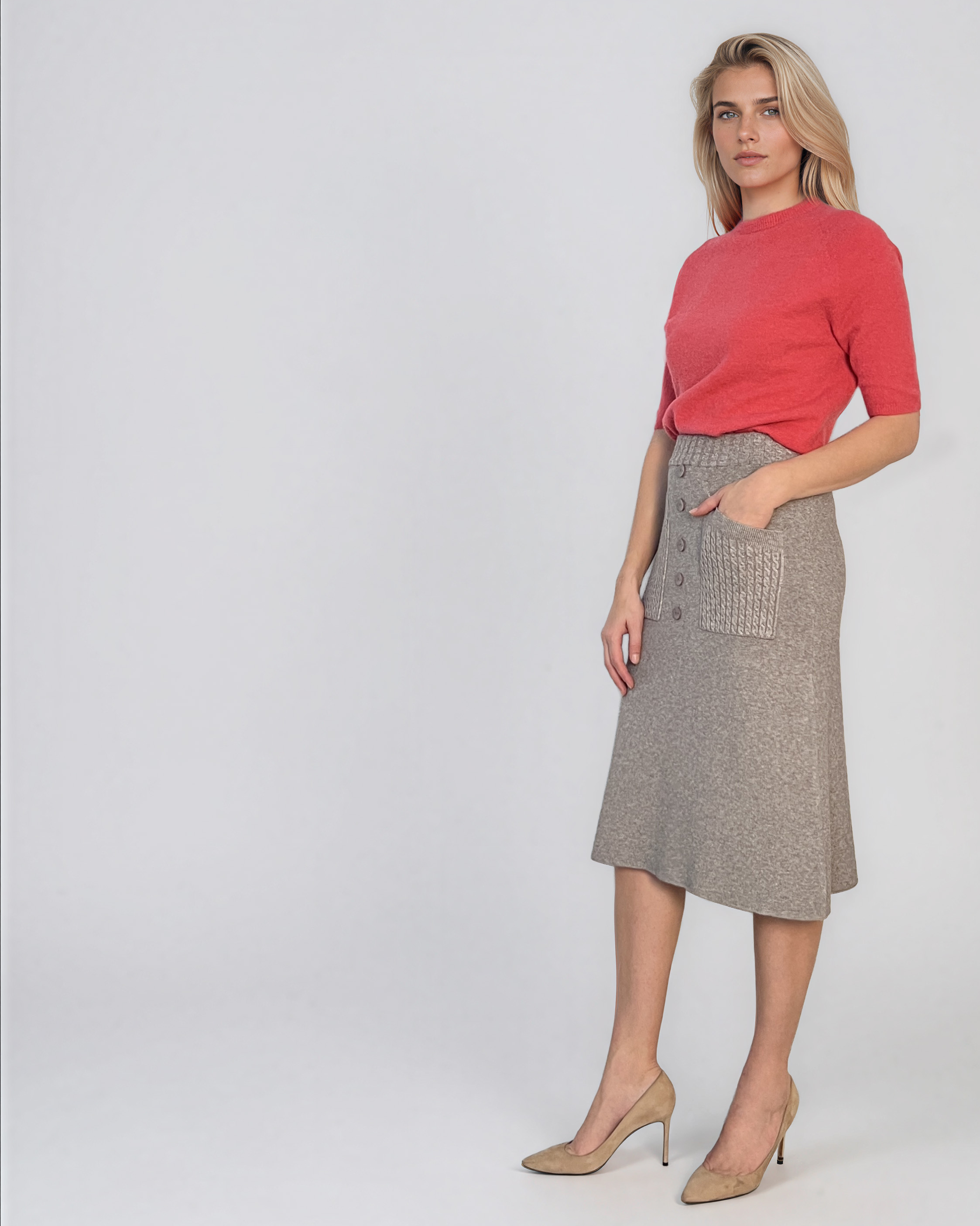 Fustă midi din tricot grej PN140