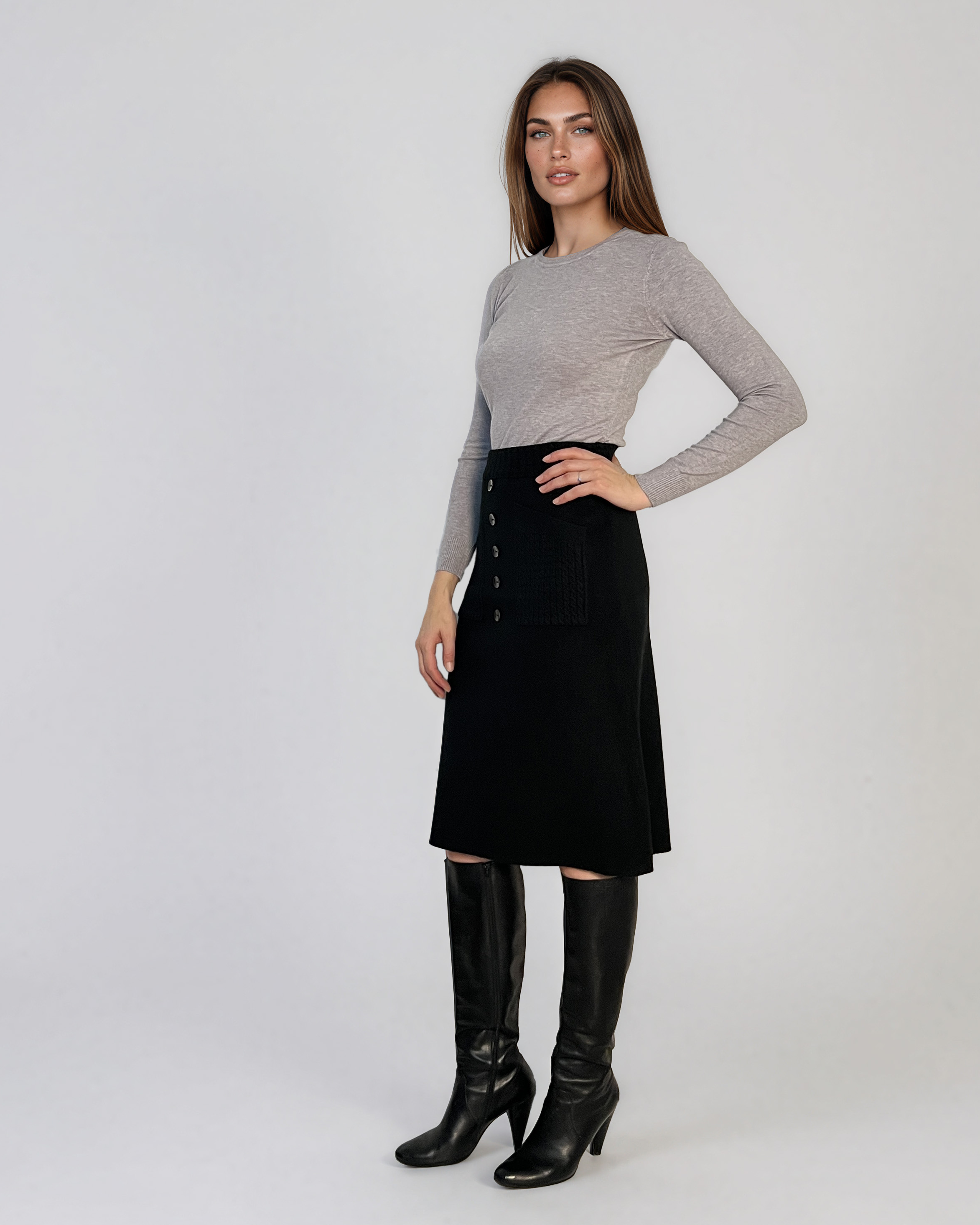 Fustă midi din tricot negru PN140