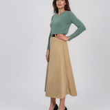 Fustă midi evazată cu aspect de piele întoarsă beige HL256