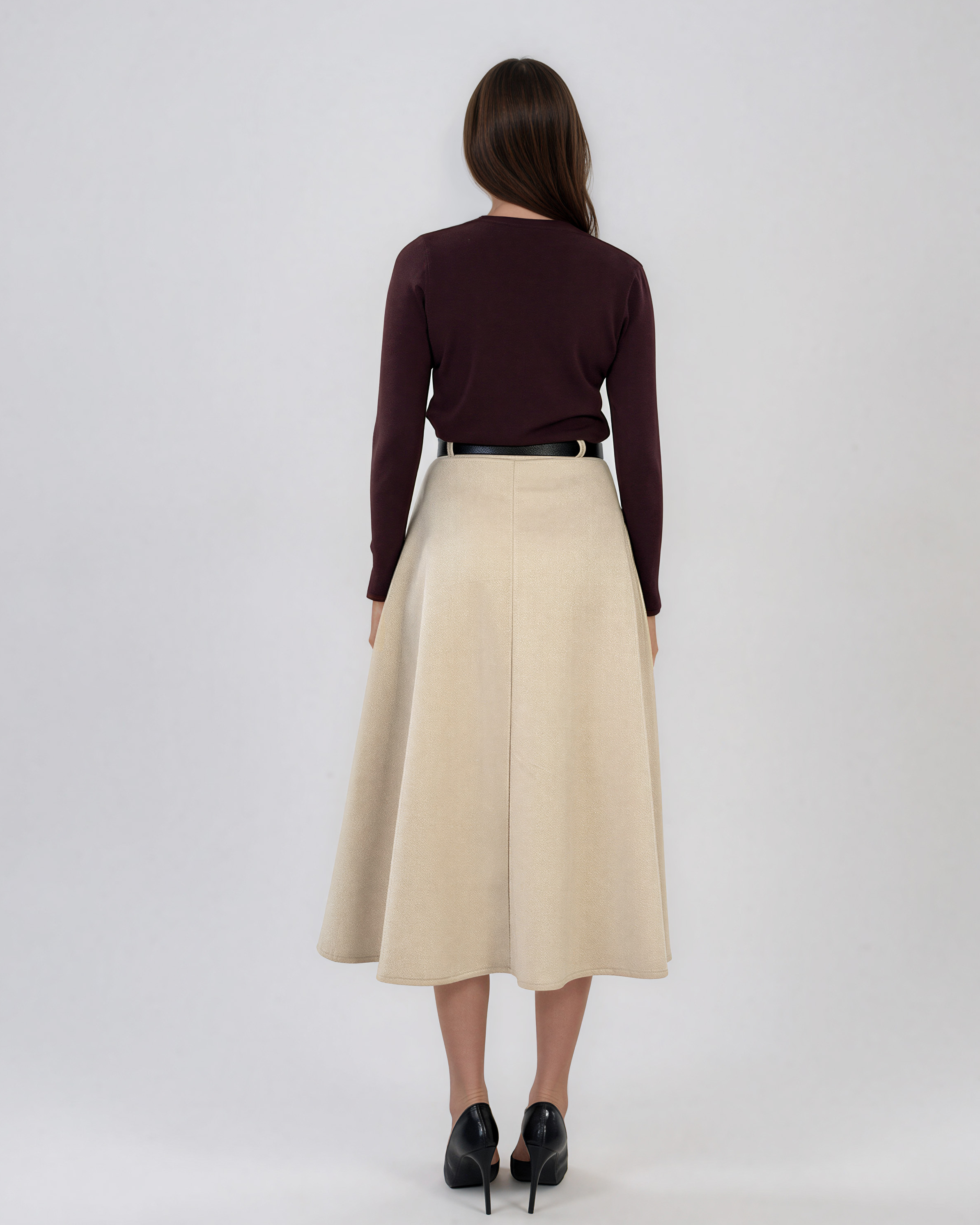 Fustă midi evazată cu aspect de piele întoarsă crem HL256