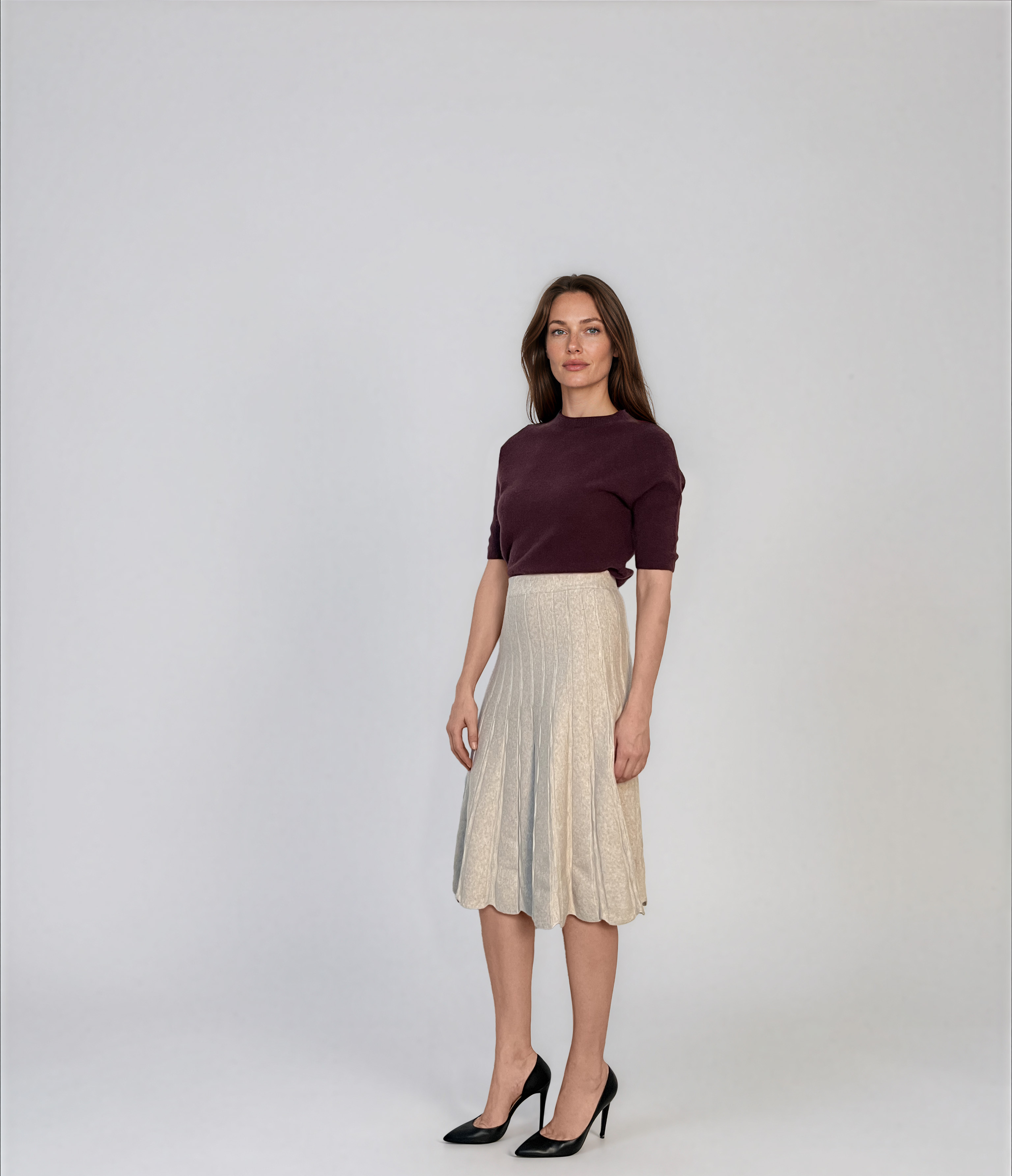 Fustă midi evazată din tricot crem PN139