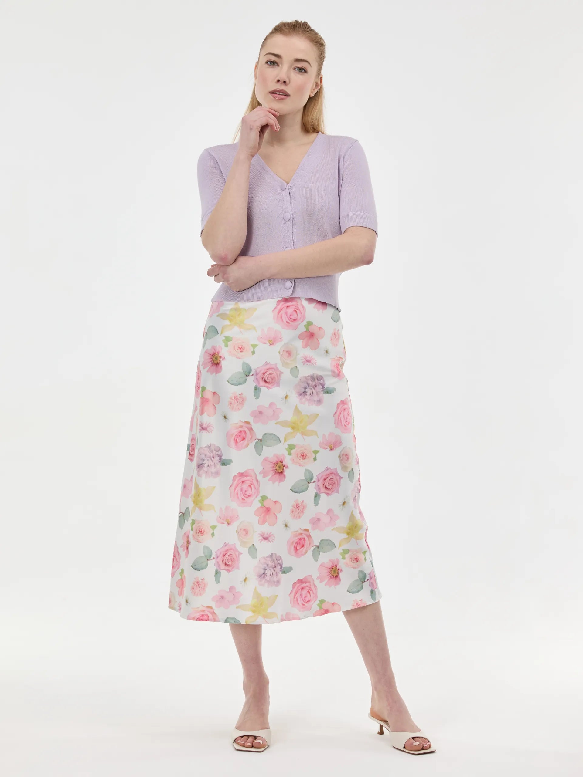 Fustă midi peste genunchi cu imprimeu floral  ORSAY alb-flori ORS017