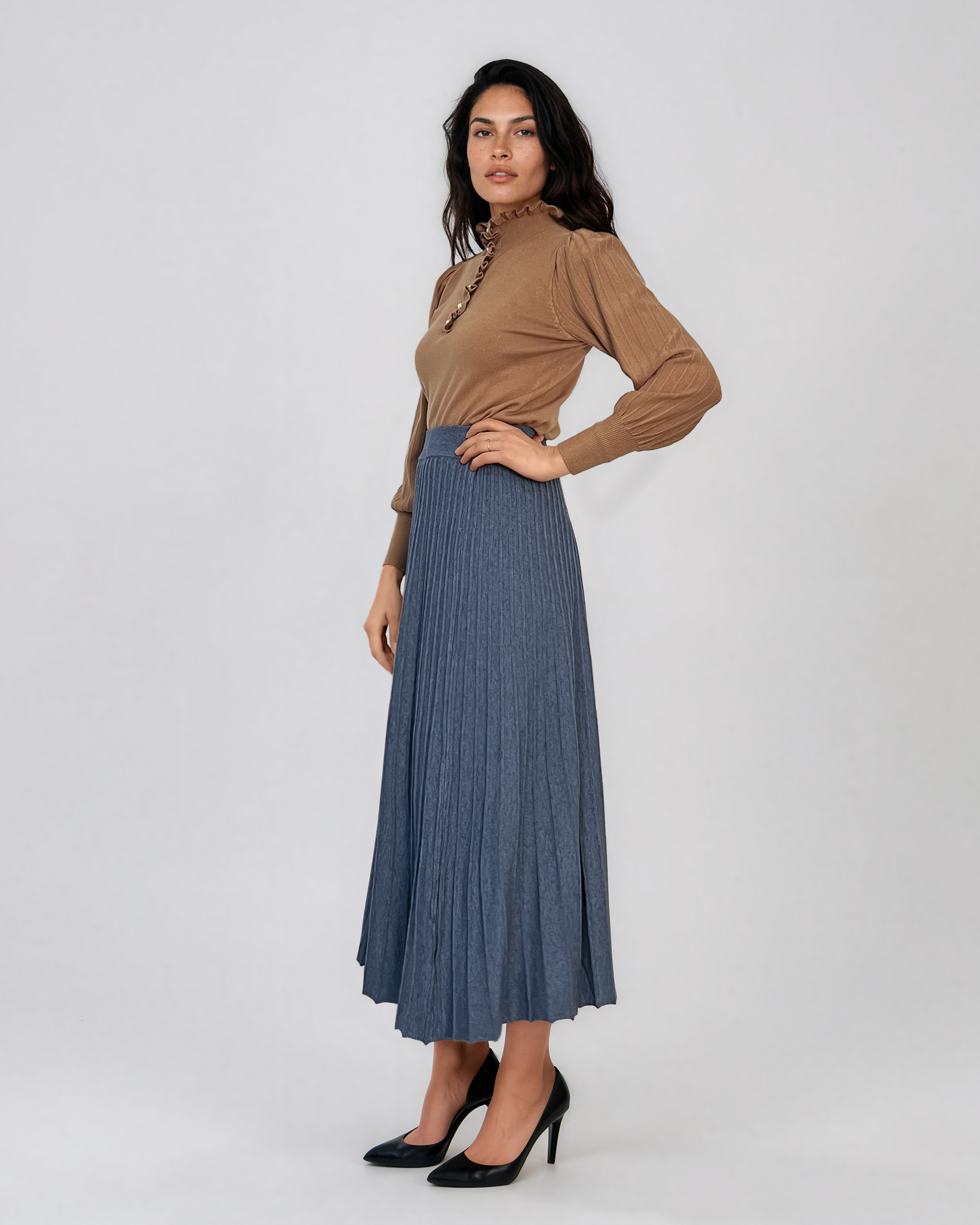Fustă midi plisată din tricot fin albastru DY740