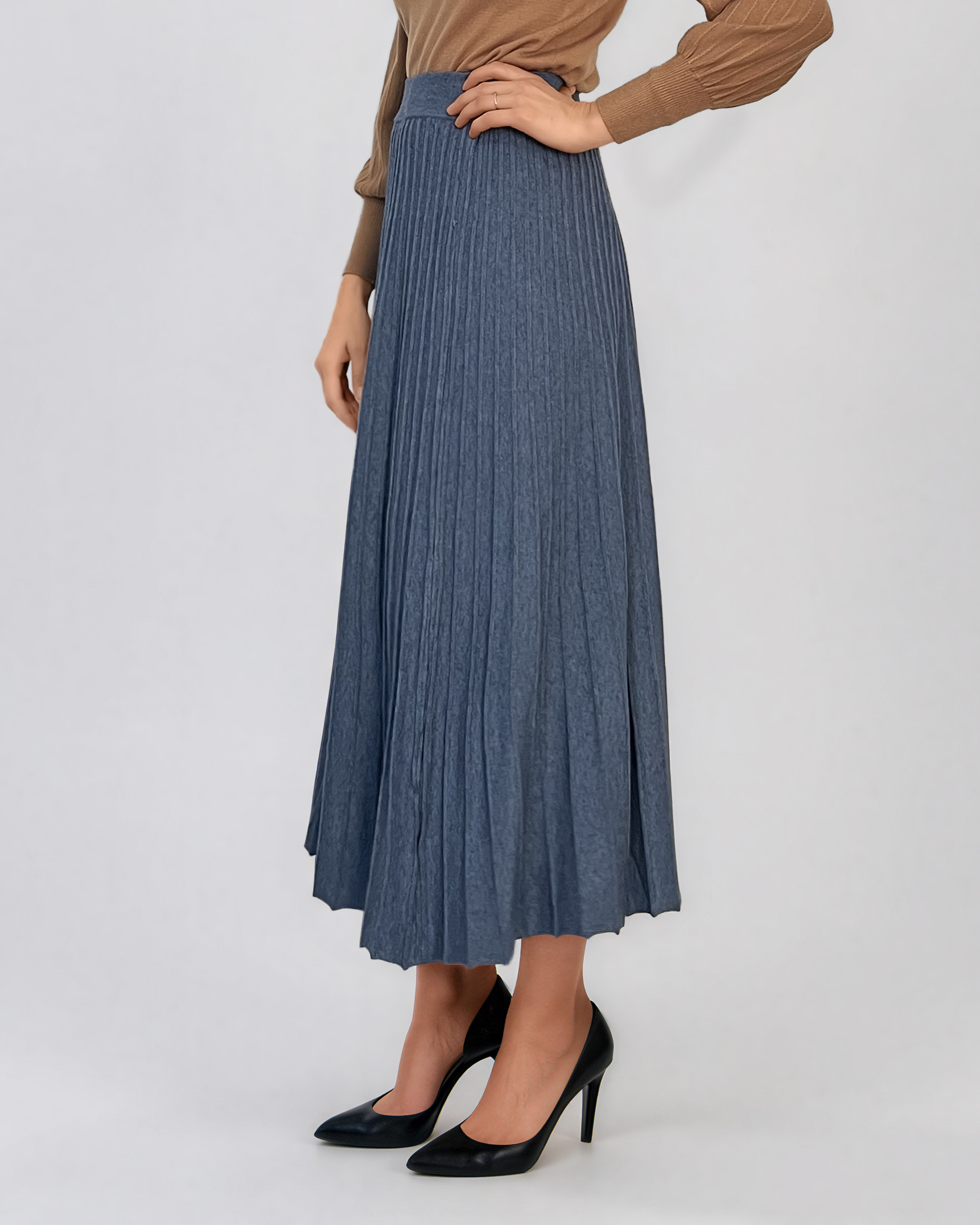 Fustă midi plisată din tricot fin albastru DY740