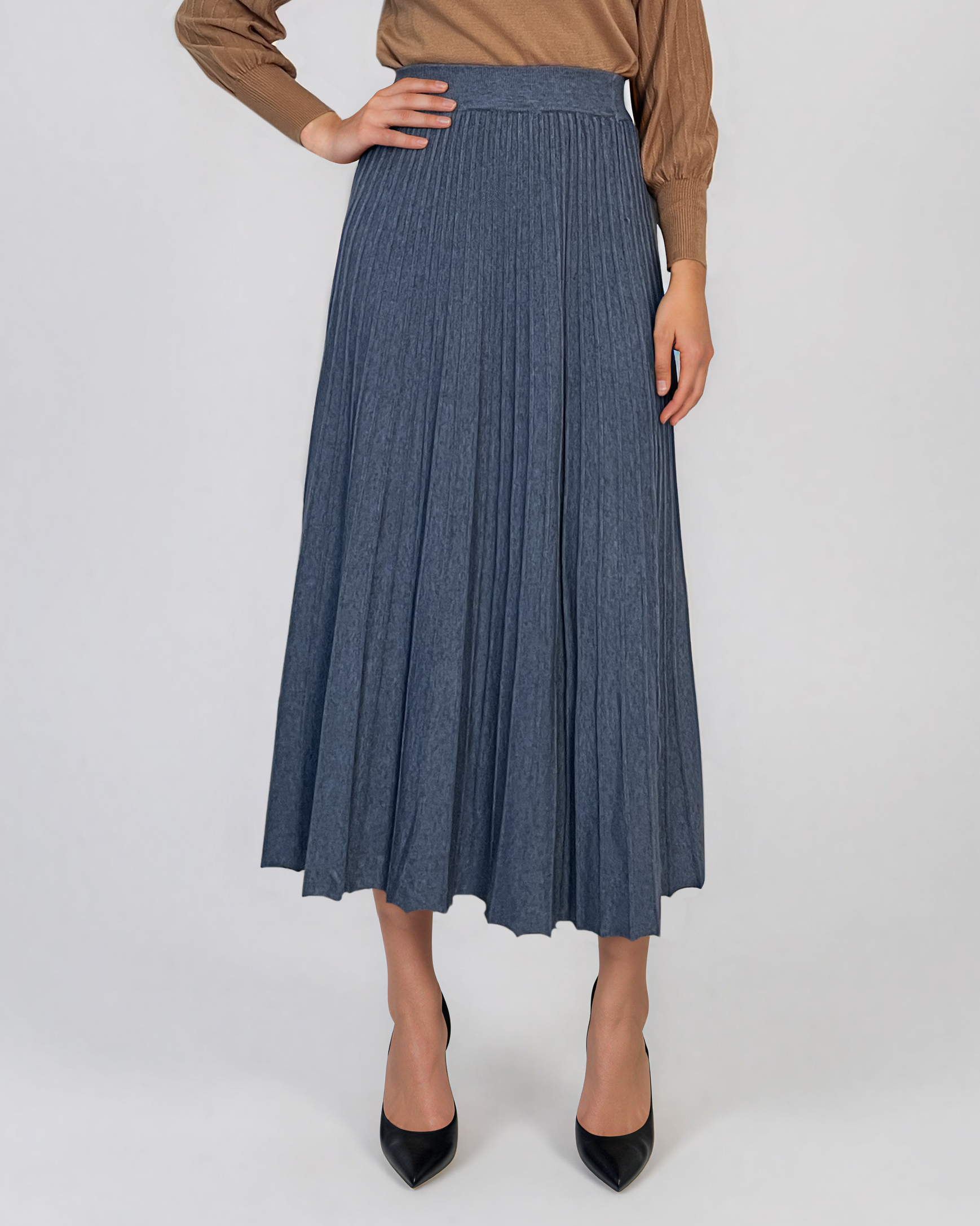 Fustă midi plisată din tricot fin albastru DY740