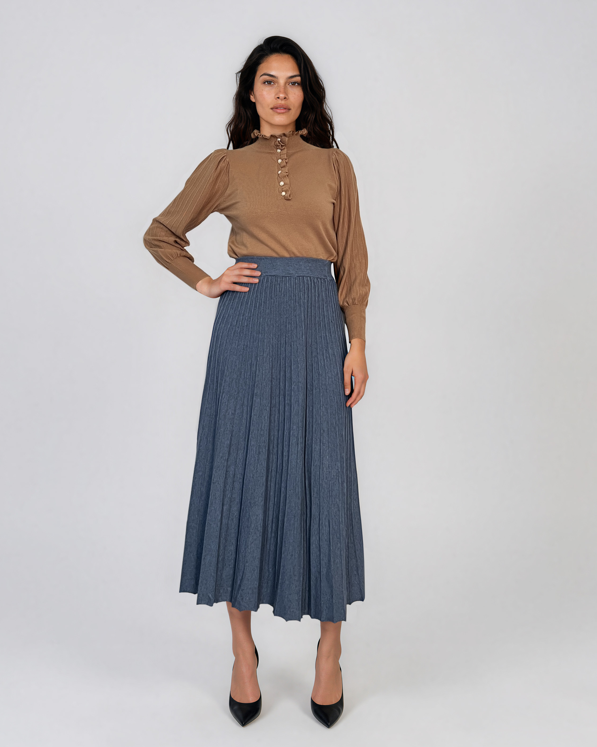 Fustă midi plisată din tricot fin albastru DY740