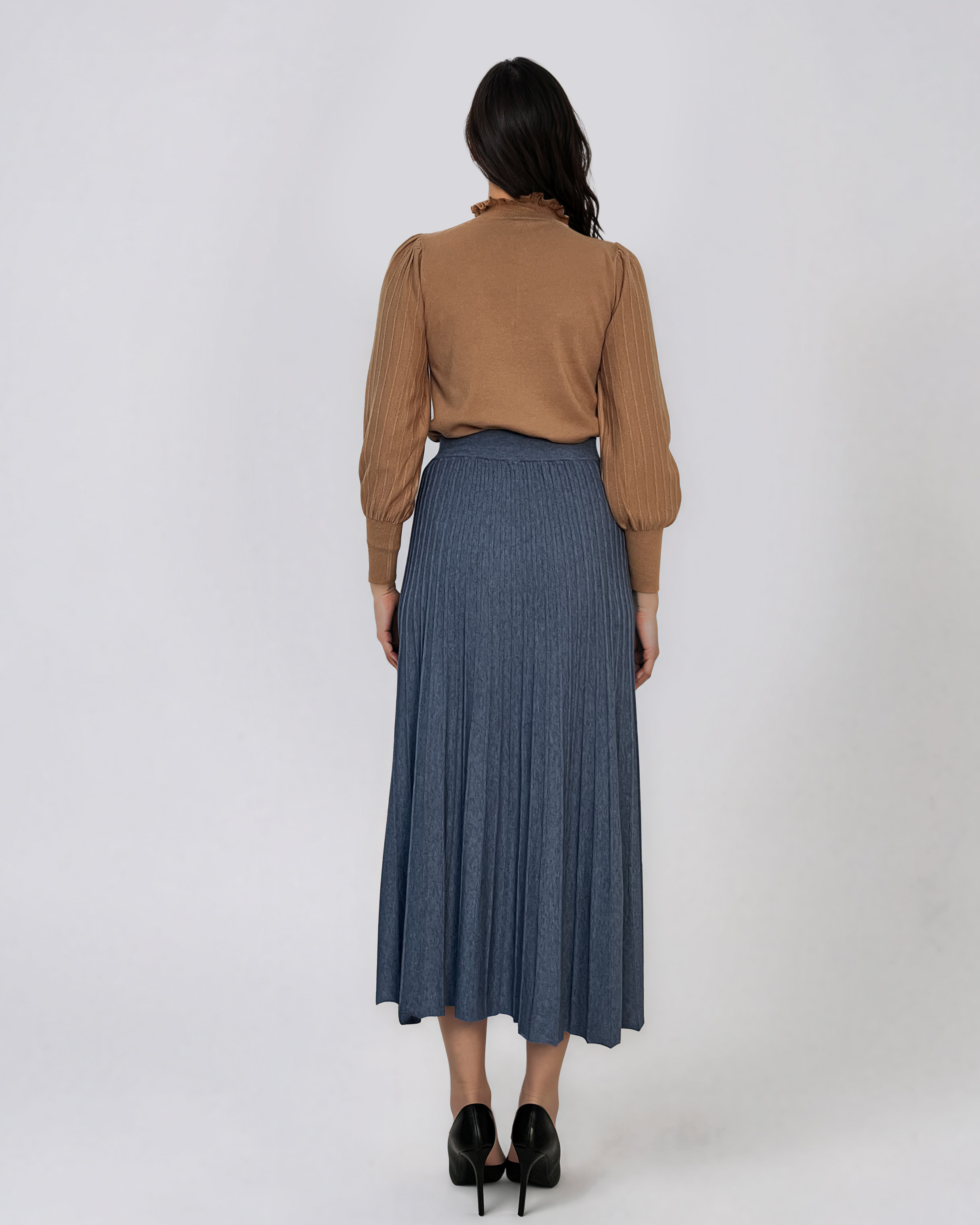 Fustă midi plisată din tricot fin albastru DY740