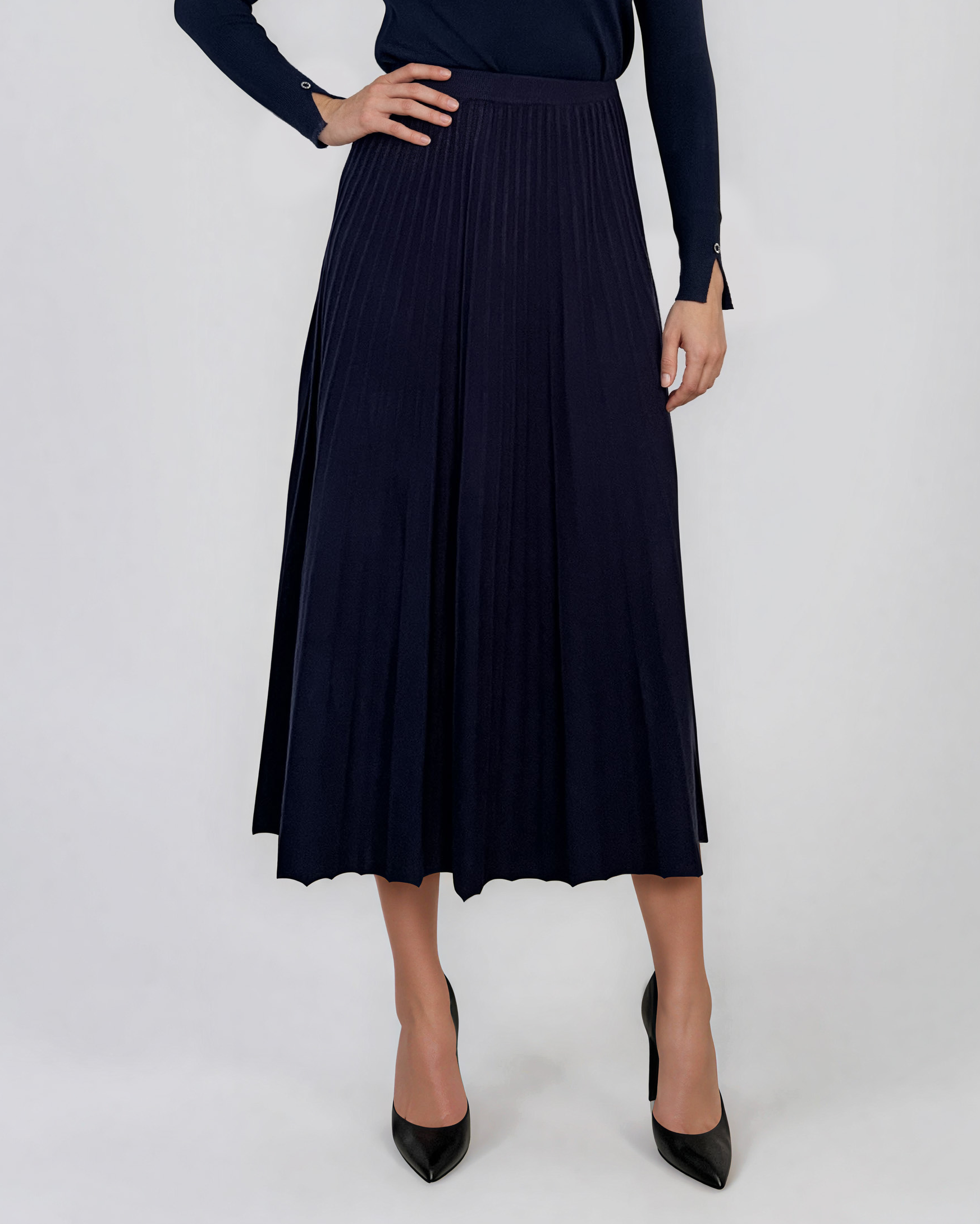 Fustă midi plisată din tricot fin bleumarin DY740