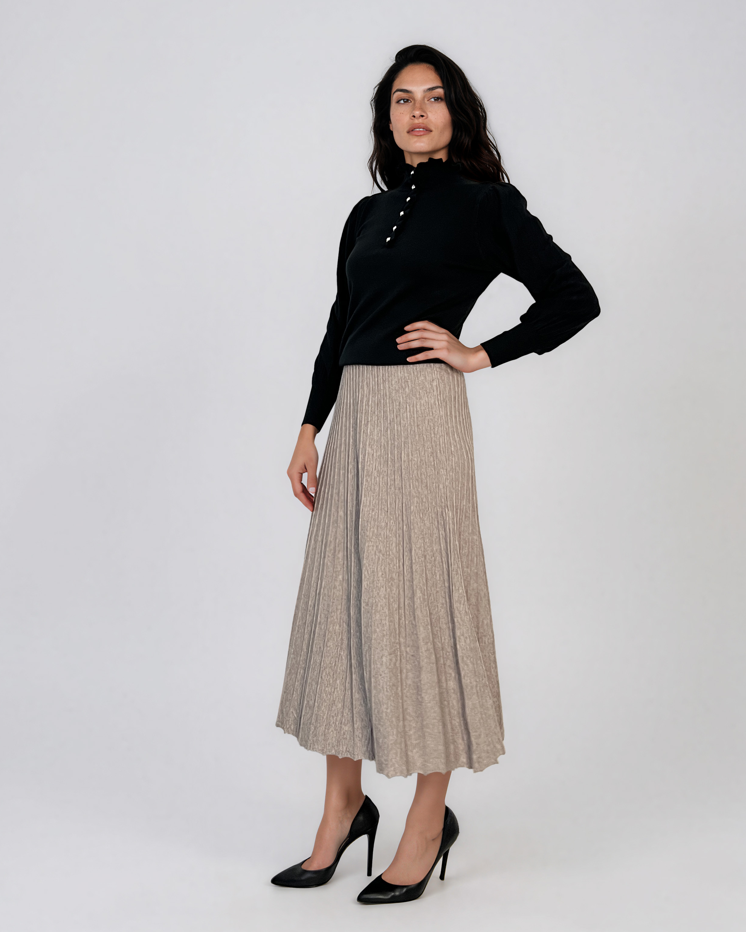 Fustă midi plisată din tricot fin crem DY740
