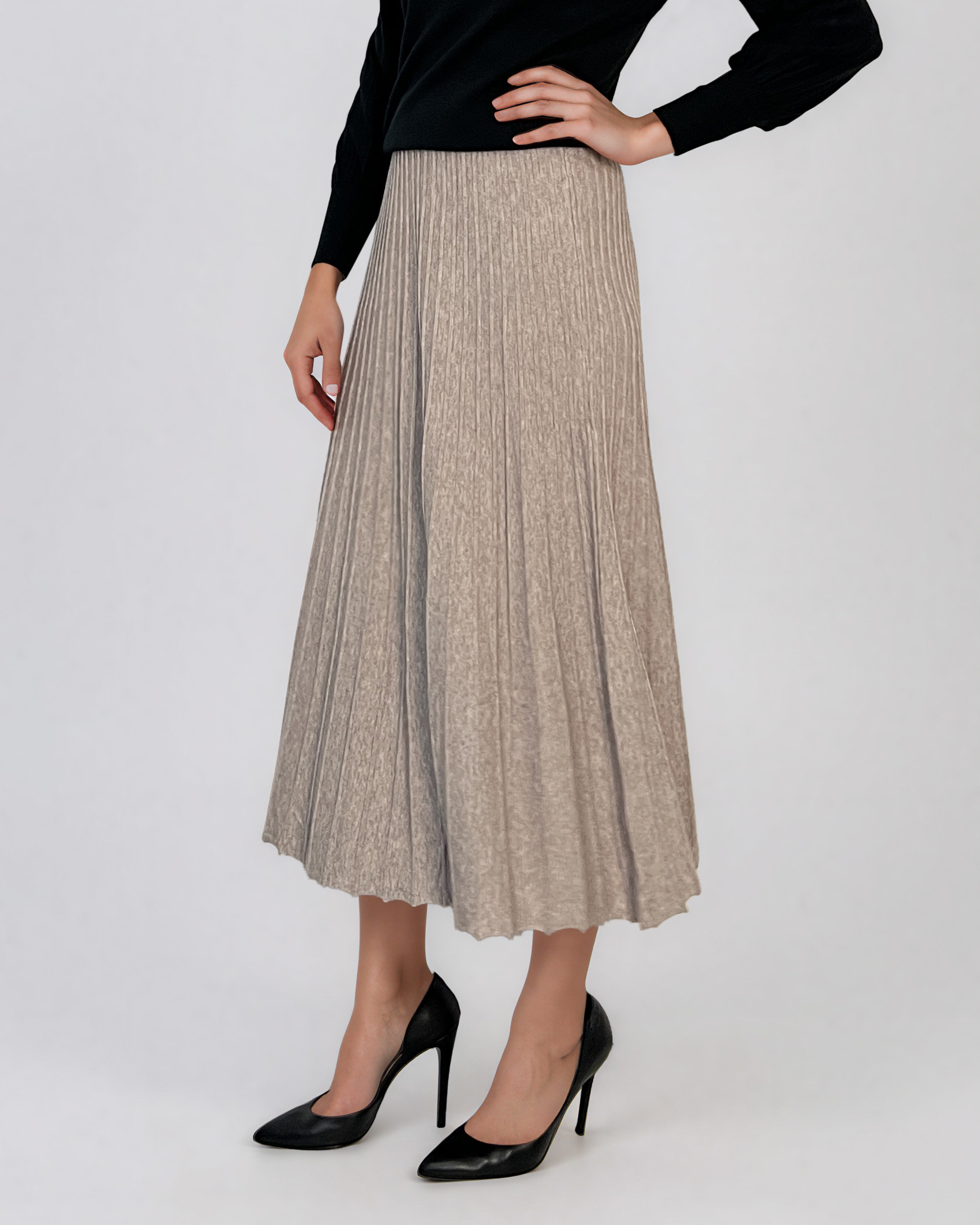 Fustă midi plisată din tricot fin crem DY740