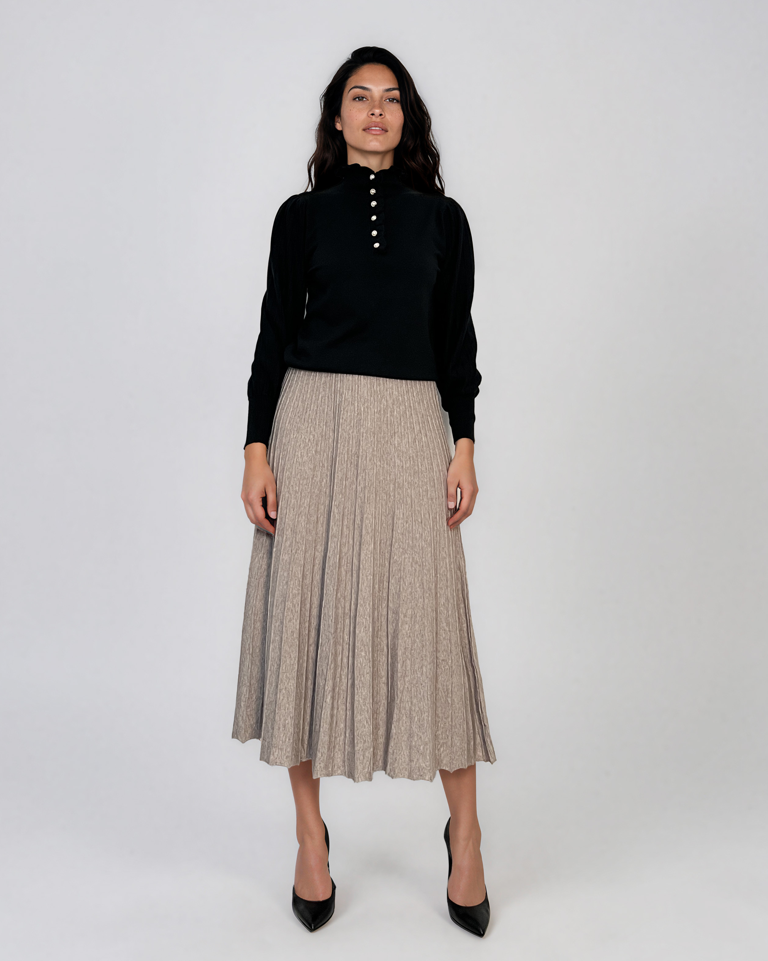 Fustă midi plisată din tricot fin crem DY740