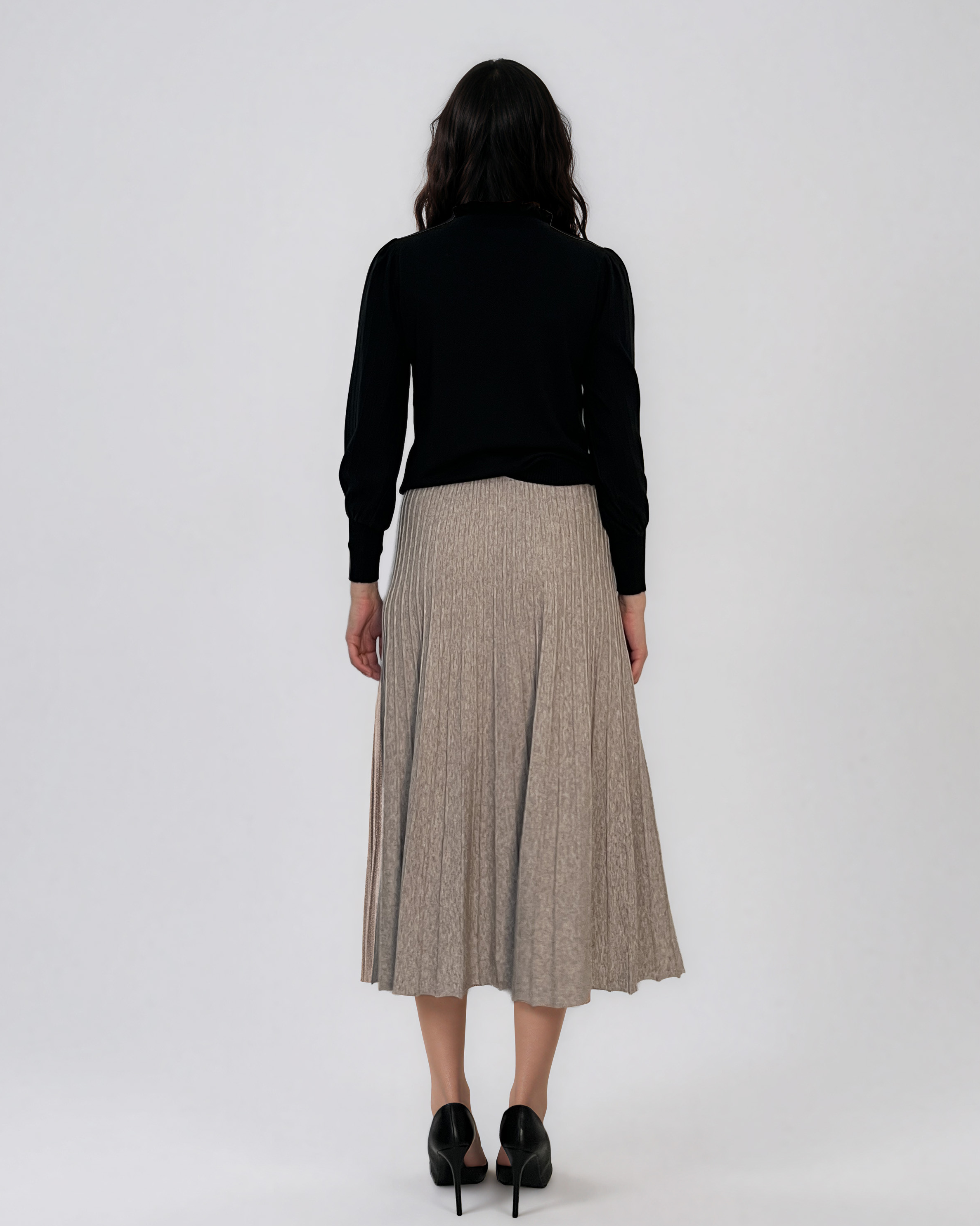 Fustă midi plisată din tricot fin crem DY740
