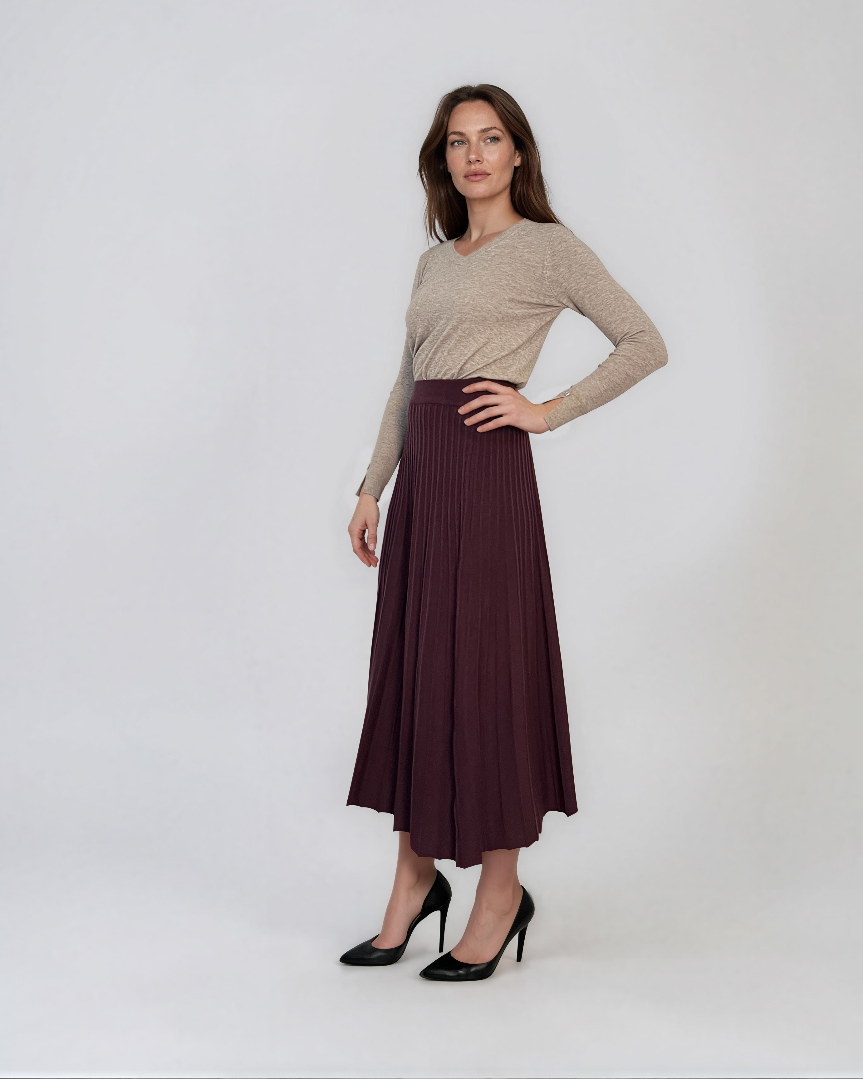 Fustă midi plisată din tricot fin grena DY740