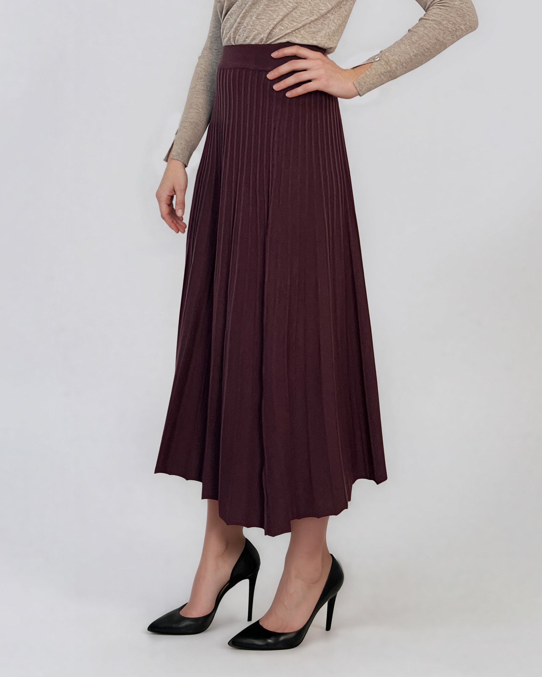 Fustă midi plisată din tricot fin grena DY740