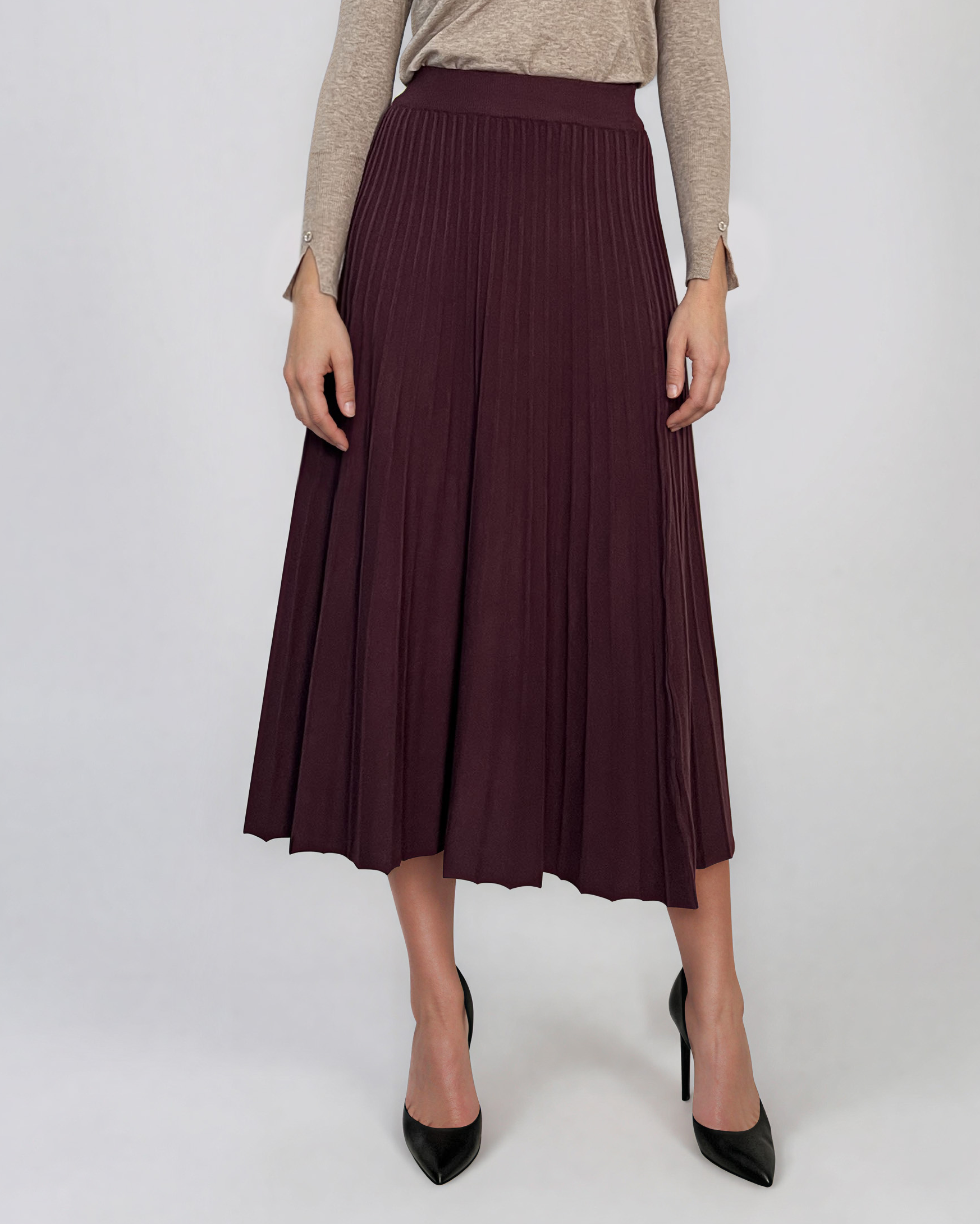 Fustă midi plisată din tricot fin grena DY740