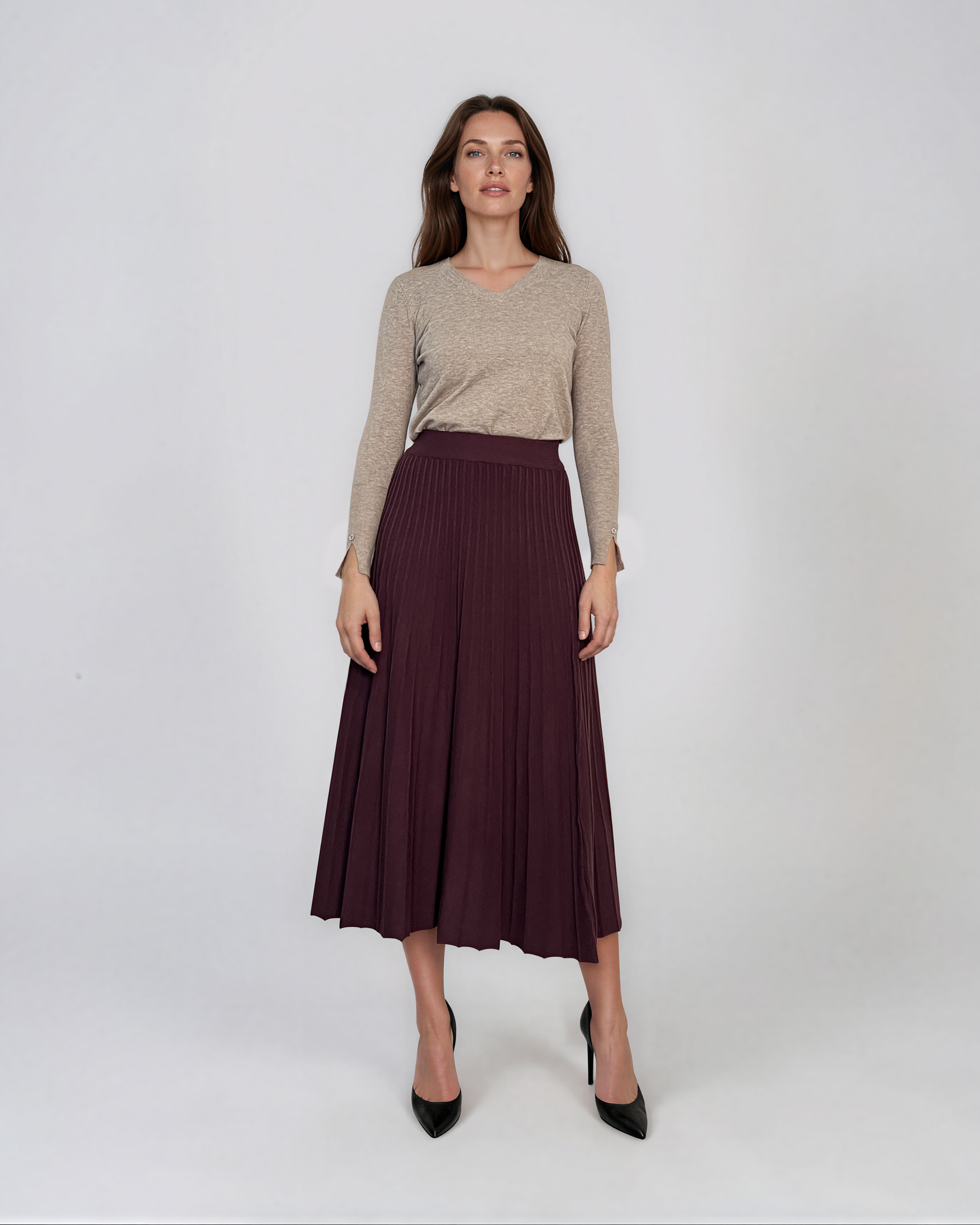 Fustă midi plisată din tricot fin grena DY740