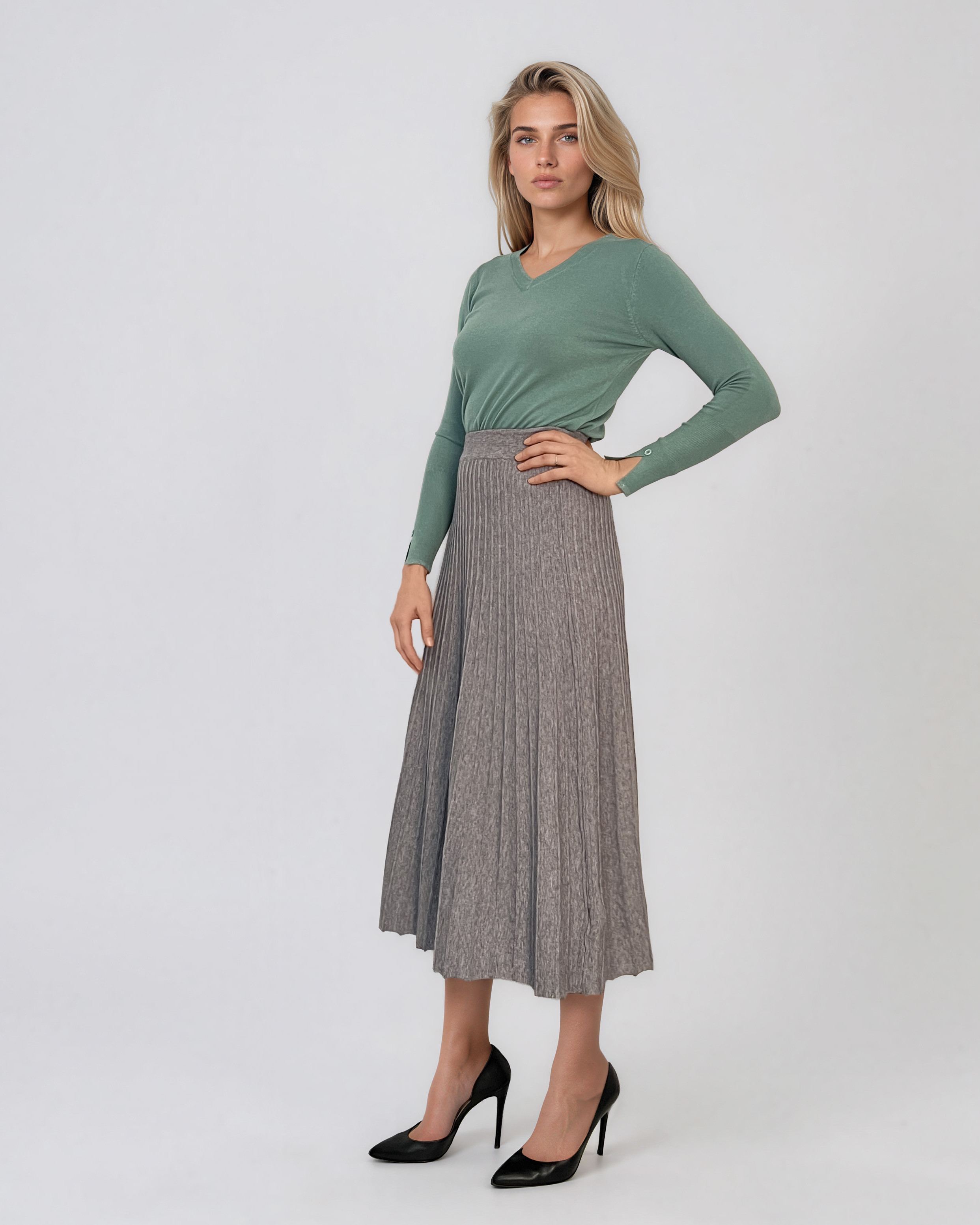 Fustă midi plisată din tricot fin gri DY740