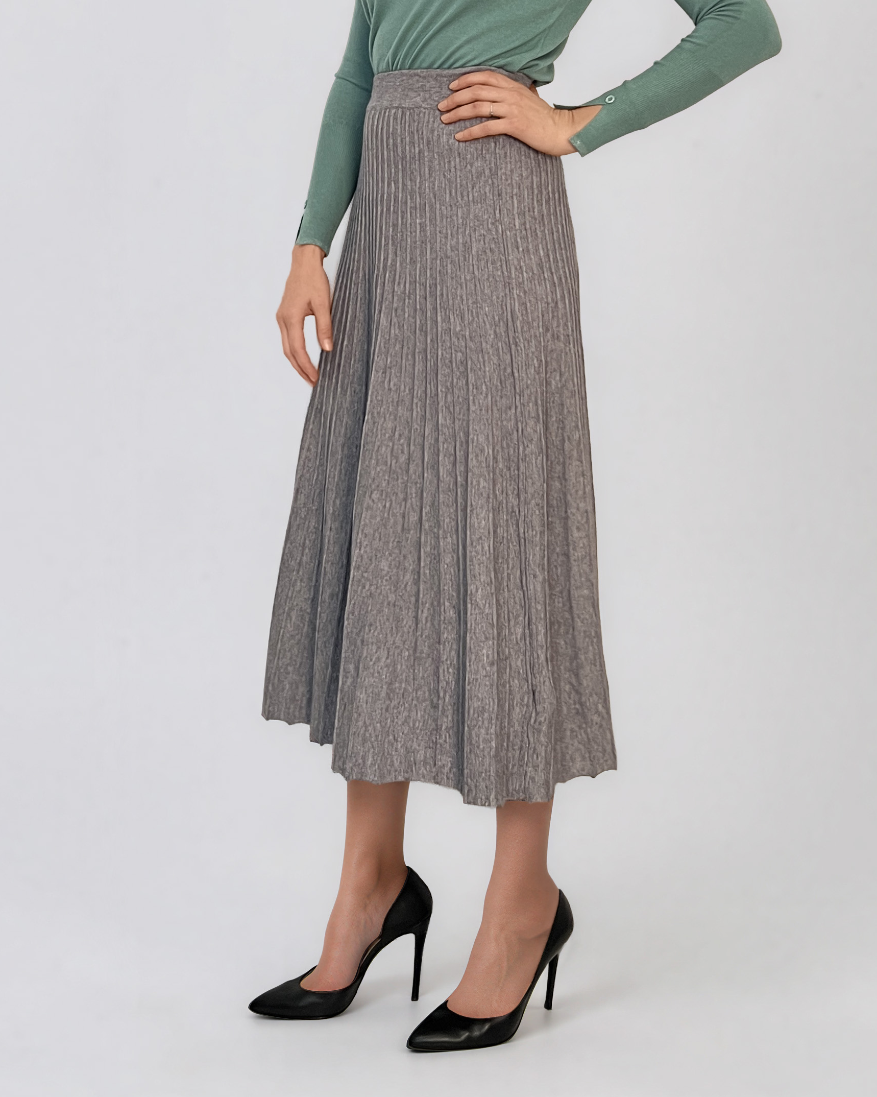 Fustă midi plisată din tricot fin gri DY740