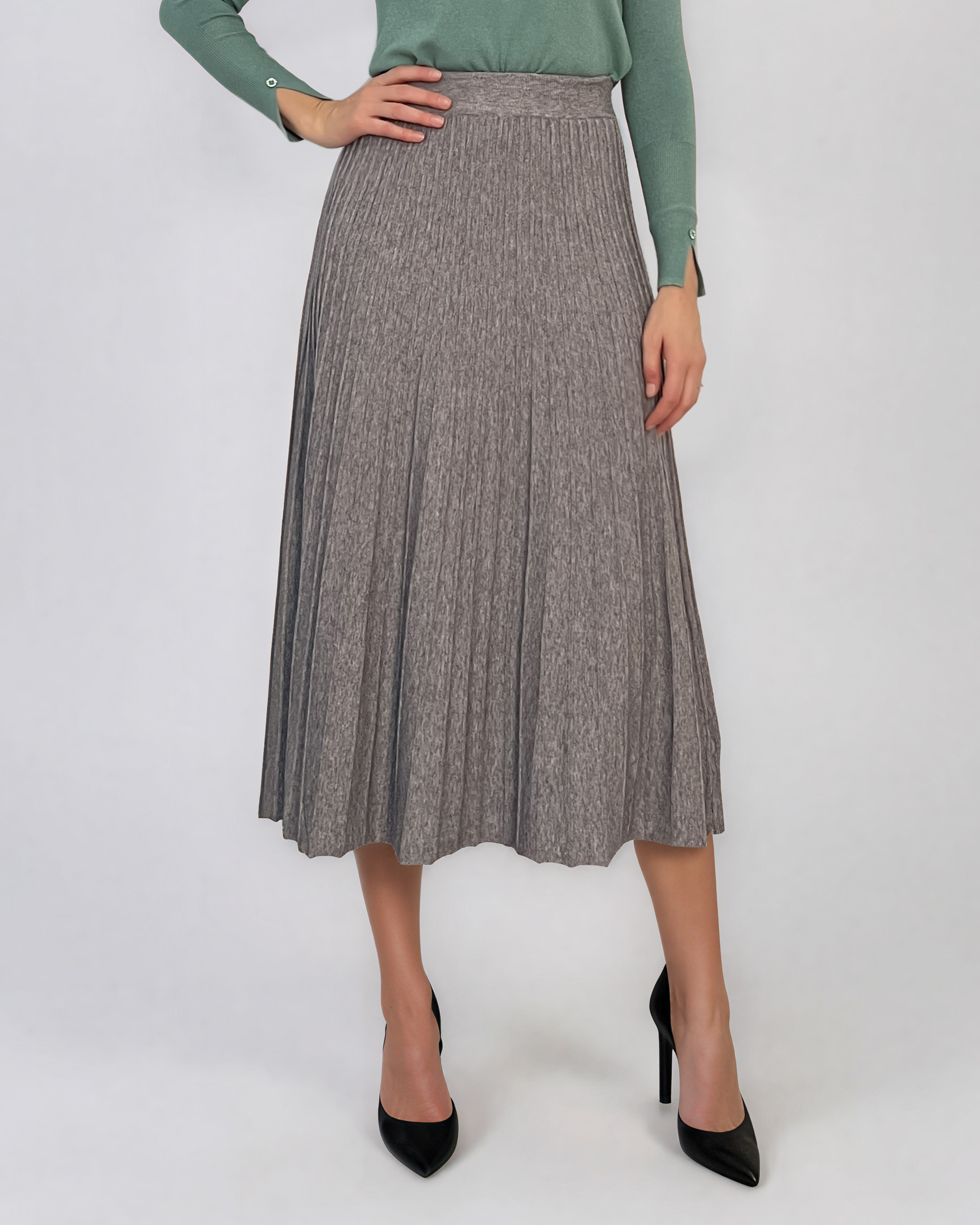 Fustă midi plisată din tricot fin gri DY740