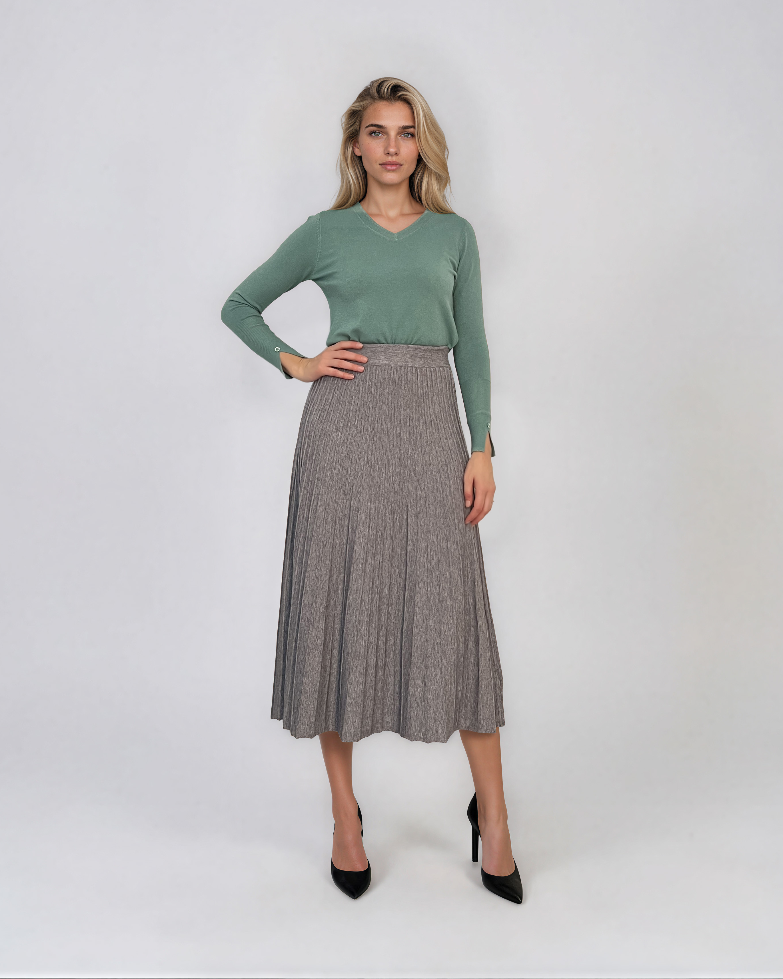 Fustă midi plisată din tricot fin gri DY740