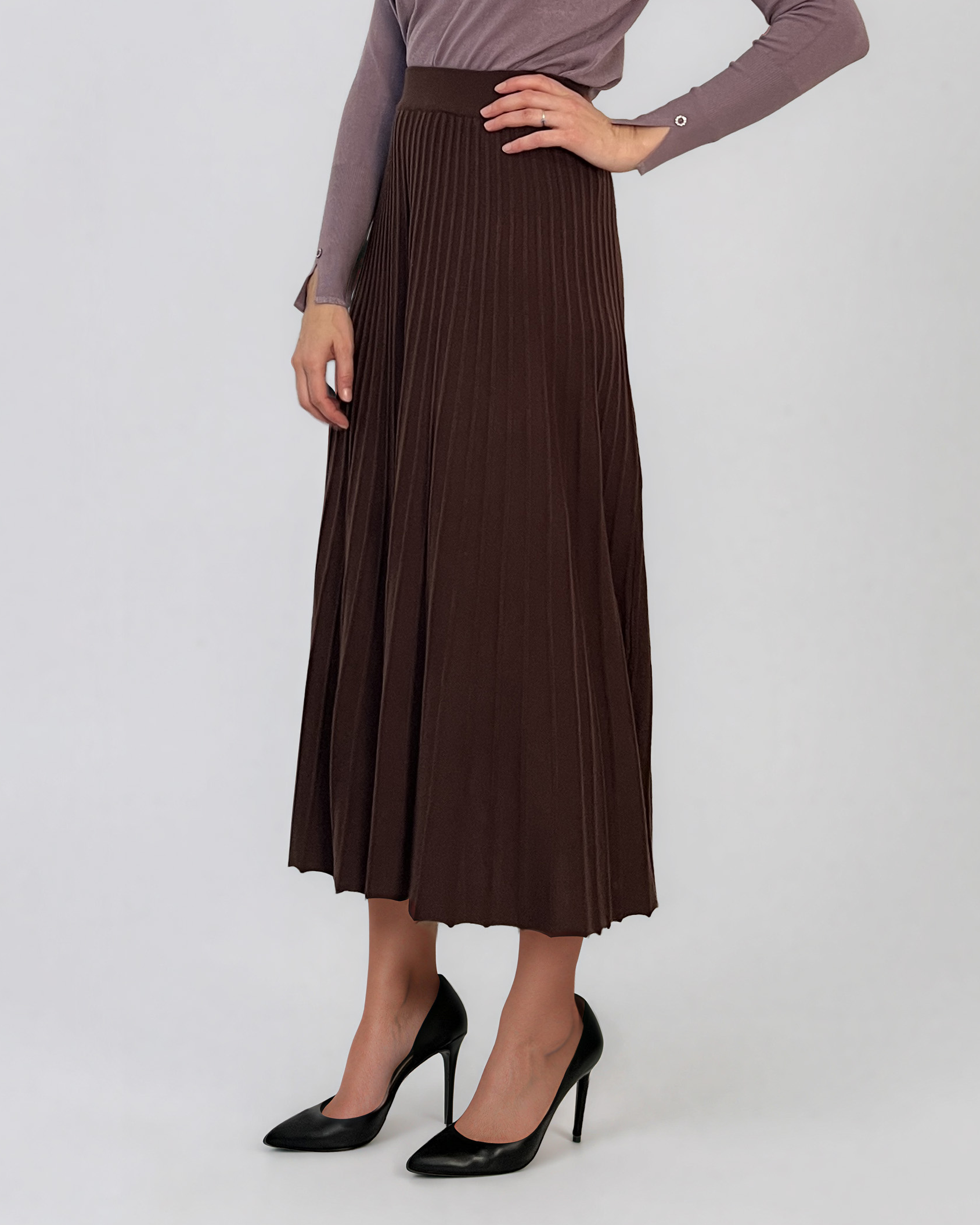 Fustă midi plisată din tricot fin maro DY740