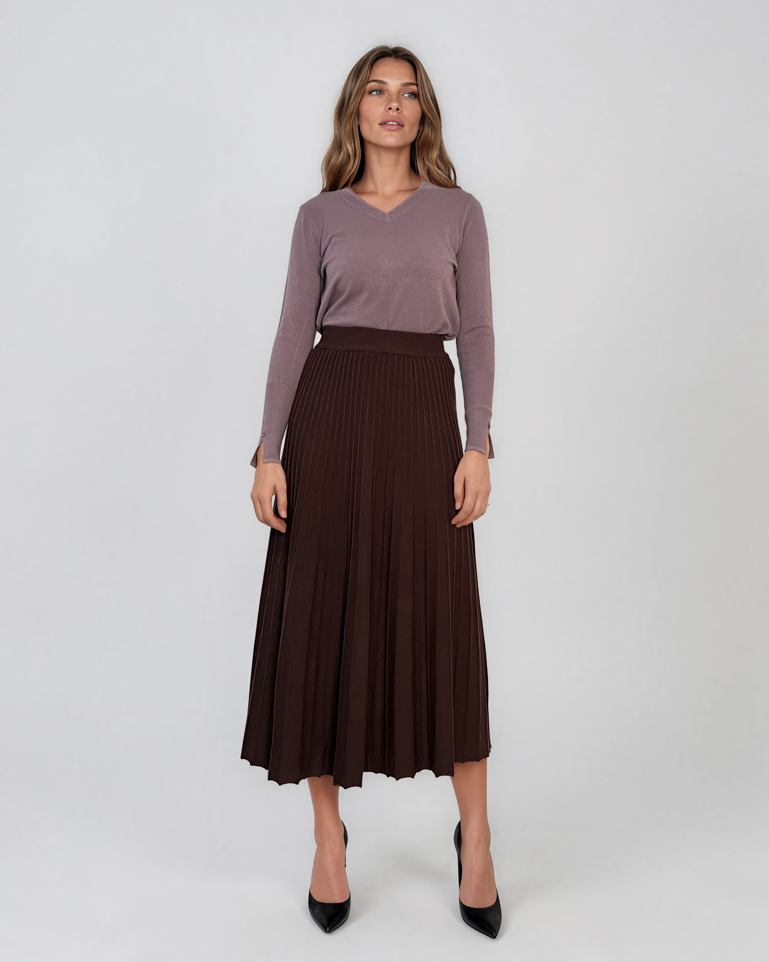 Fustă midi plisată din tricot fin maro DY740