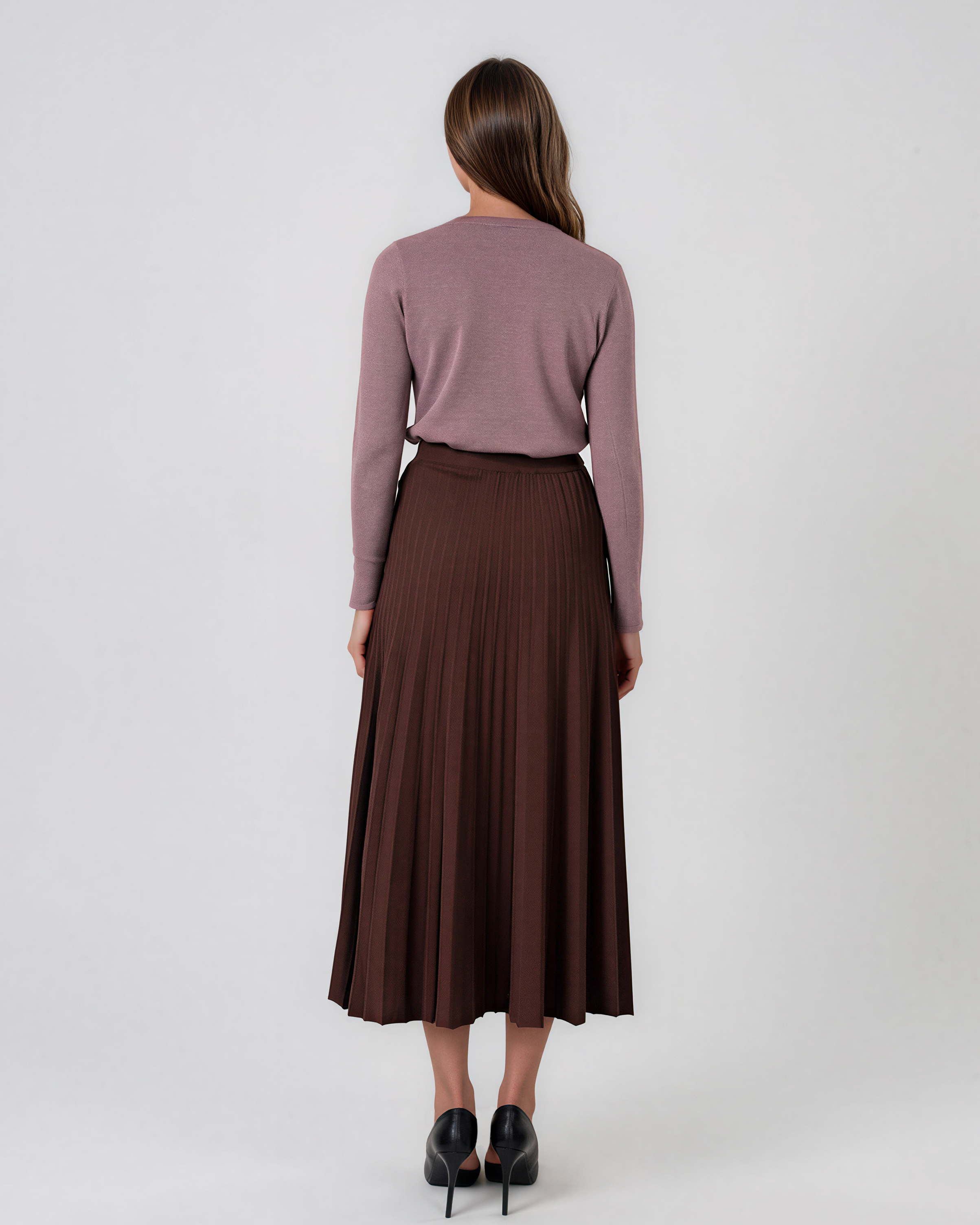 Fustă midi plisată din tricot fin maro DY740
