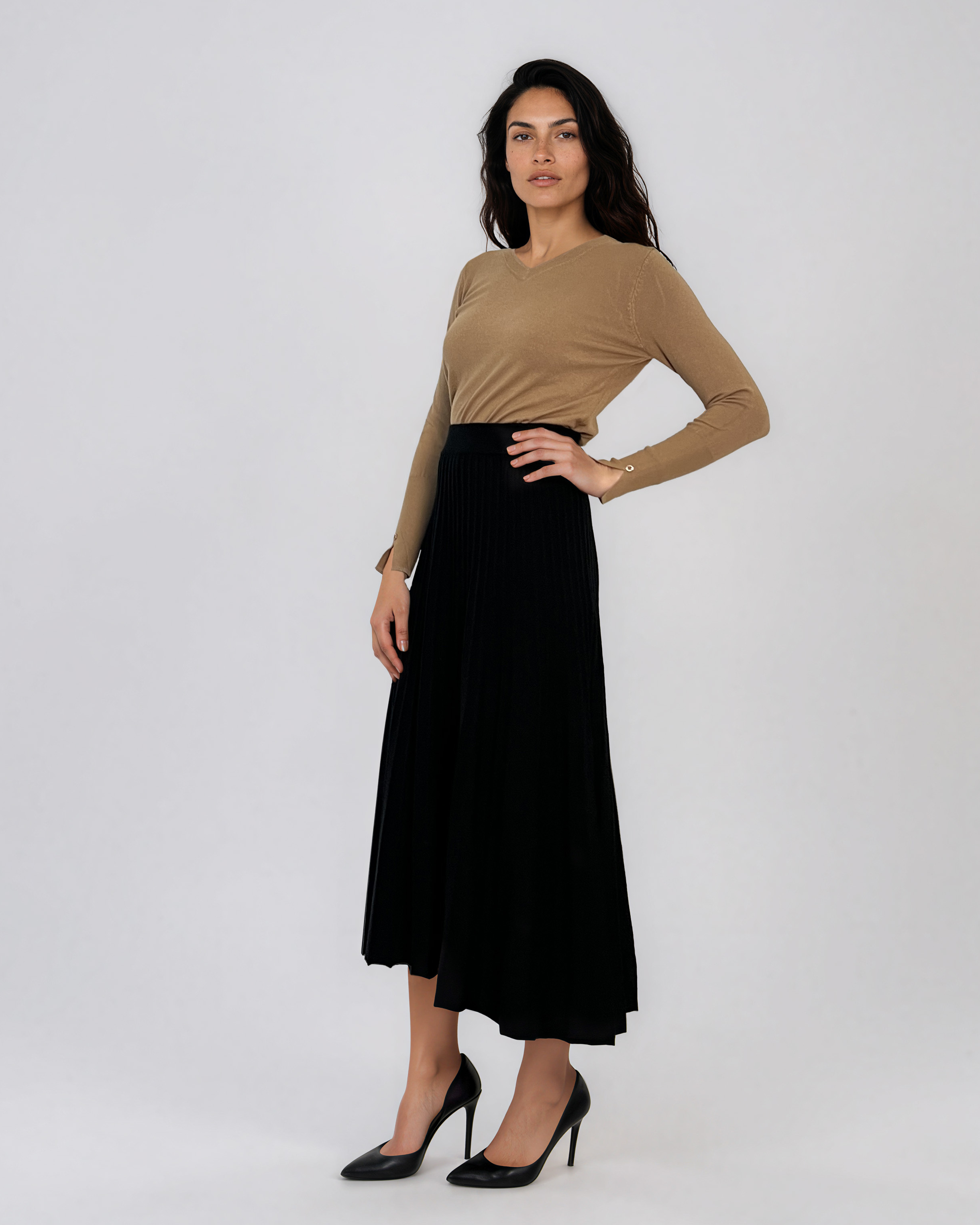 Fustă midi plisată din tricot fin negru DY740