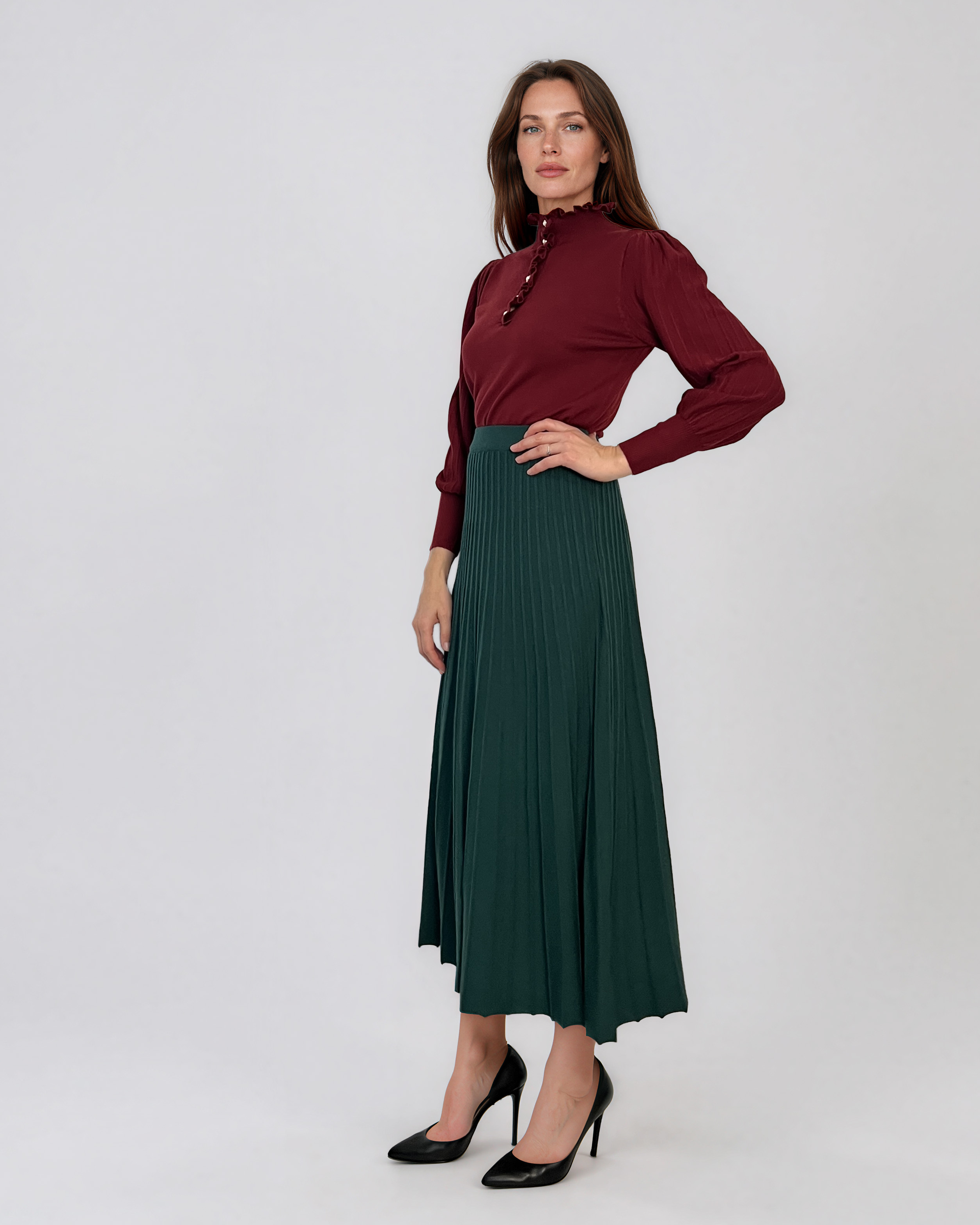 Fustă midi plisată din tricot fin verde-dark DY740