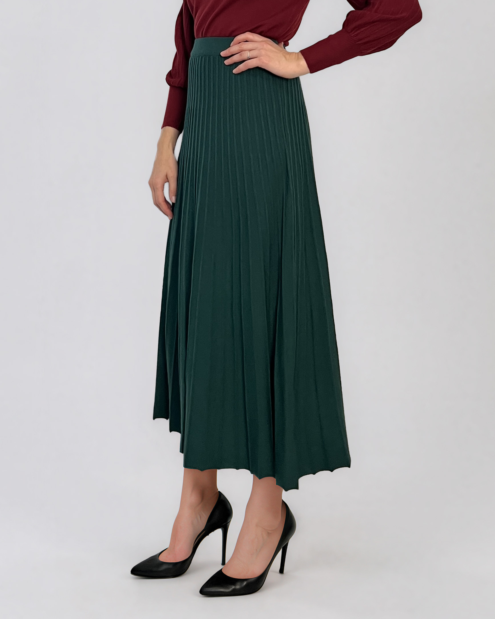 Fustă midi plisată din tricot fin verde-dark DY740