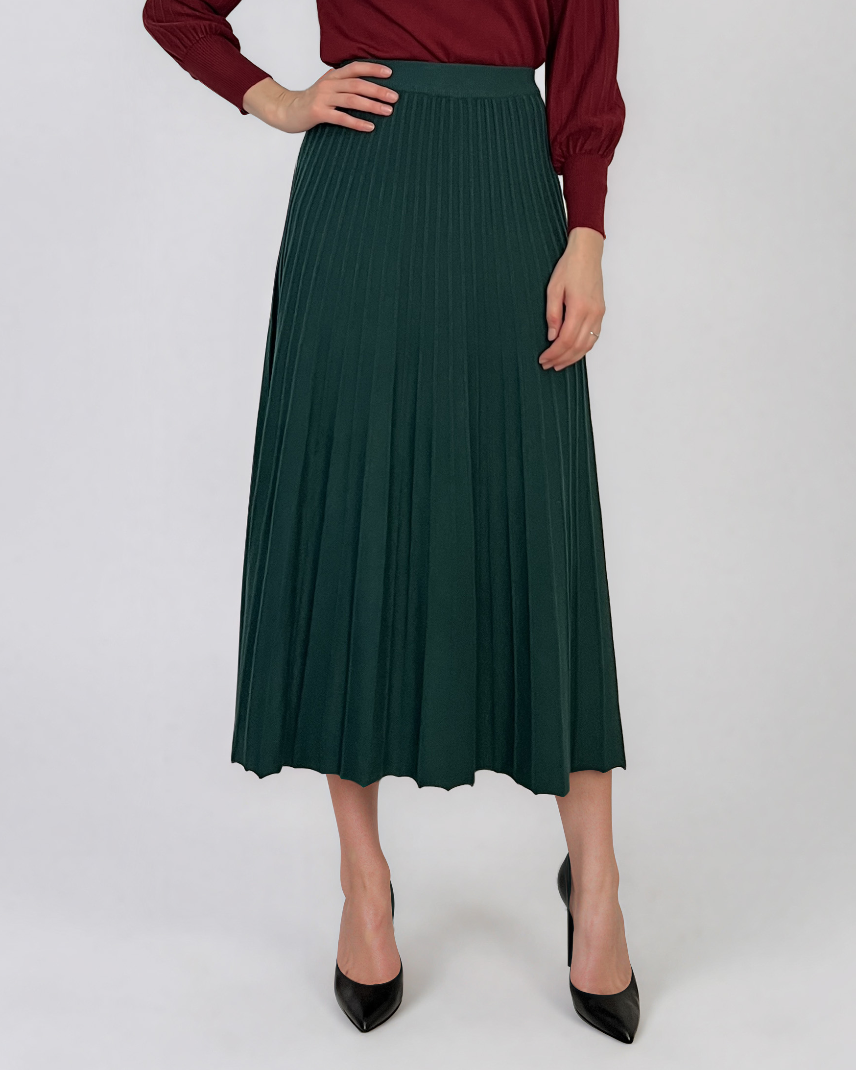 Fustă midi plisată din tricot fin verde-dark DY740