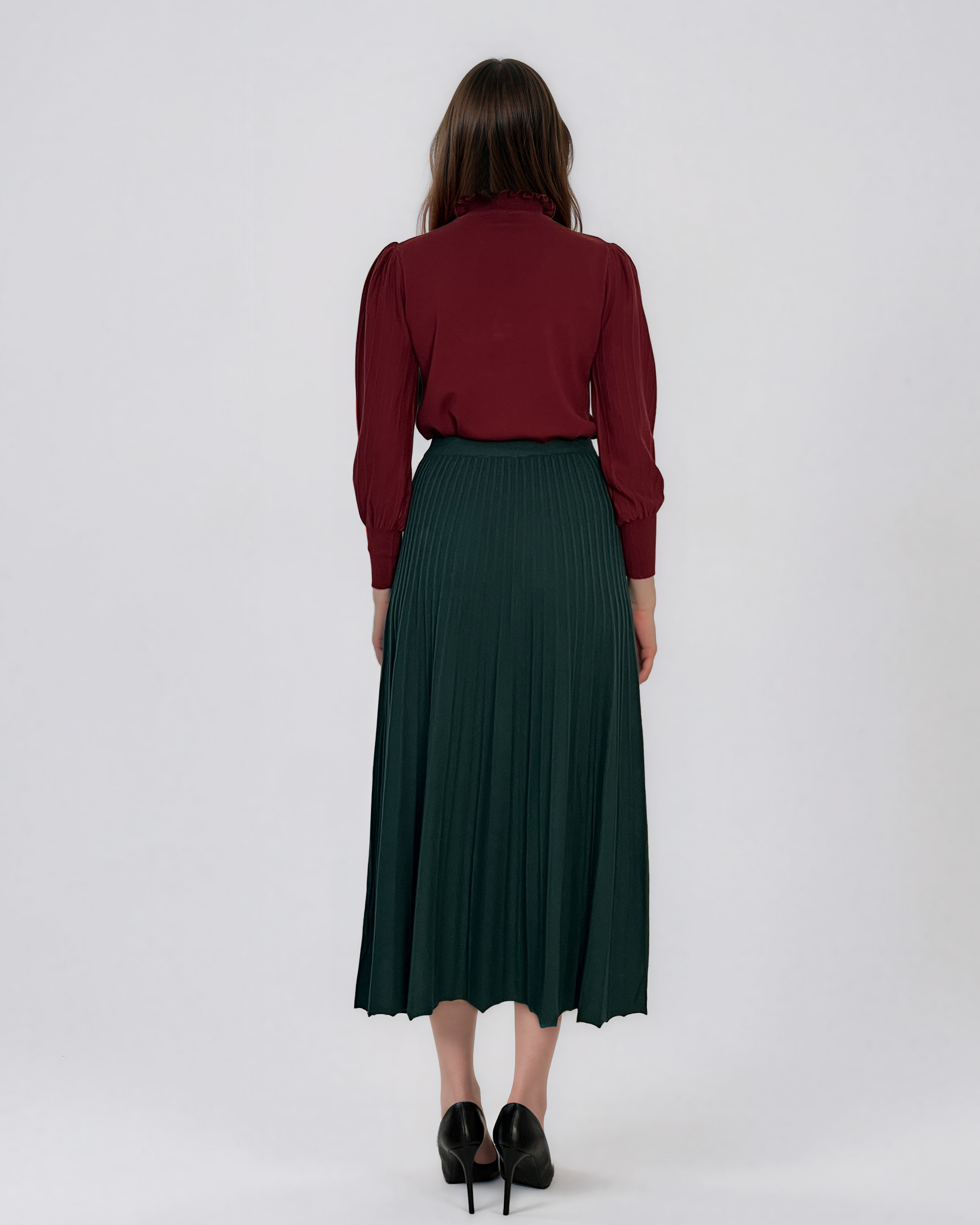 Fustă midi plisată din tricot fin verde-dark DY740