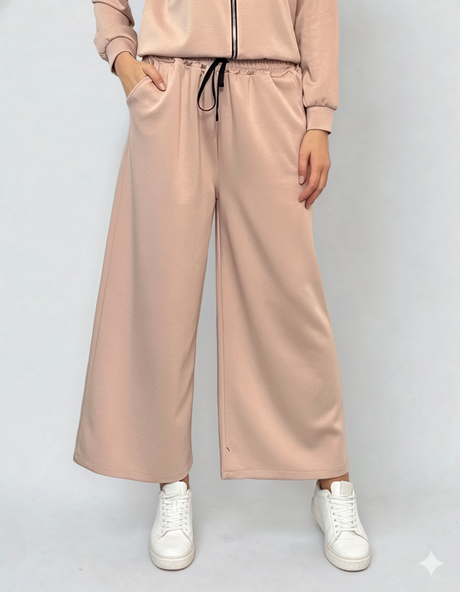 Fustă pantalon cu buzunare și șnur crem 